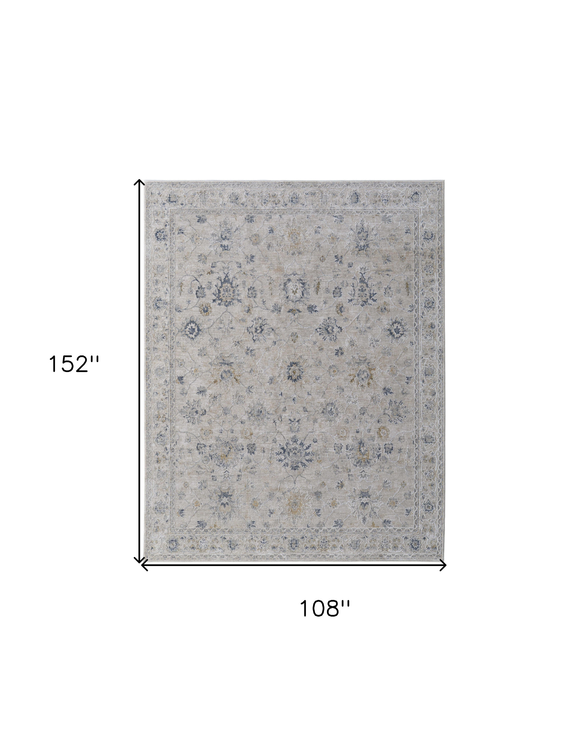 9" X 13" Ivory Taupe and Blue Floral Power Loom Worn Faded Area Rug With Fringe