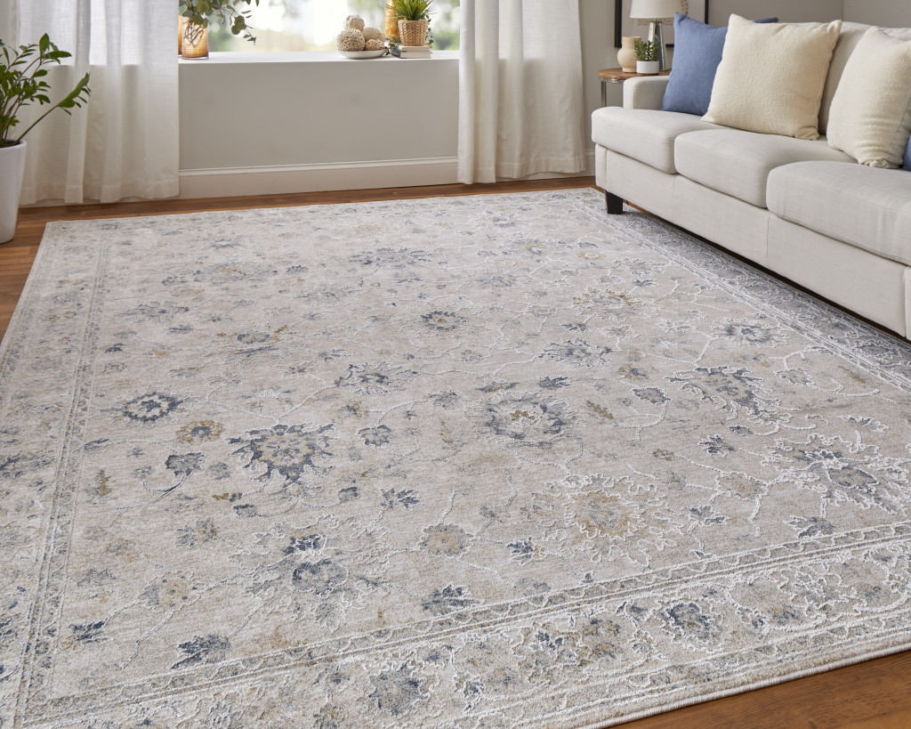 2" X 3" Ivory Taupe and Blue Floral Power Loom Worn Faded Area Rug With Fringe