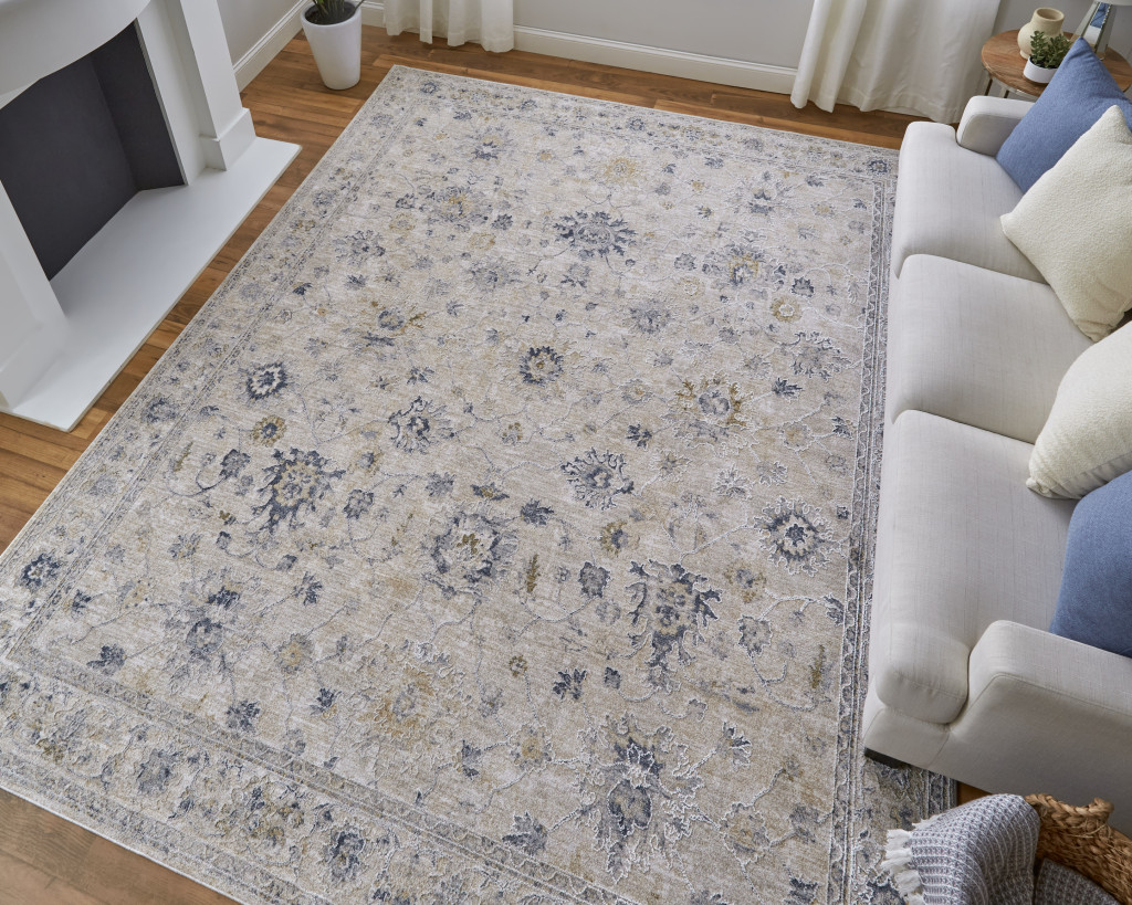 2" X 3" Ivory Taupe and Blue Floral Power Loom Worn Faded Area Rug With Fringe