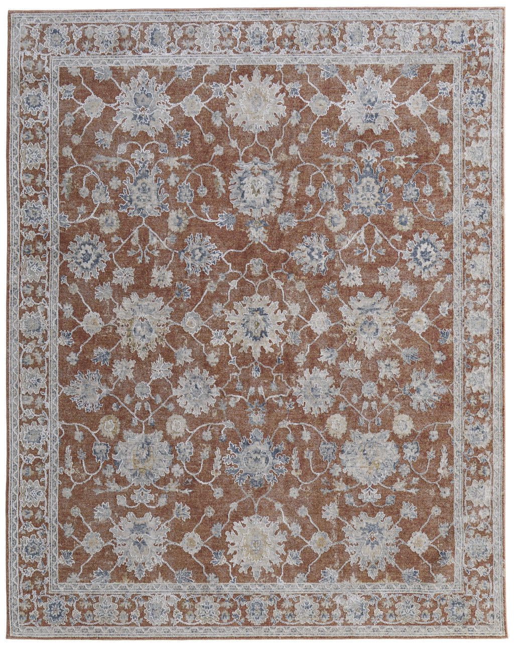 8" X 10" Red Blue and Ivory Floral Power Loom Worn Faded Area Rug With Fringe