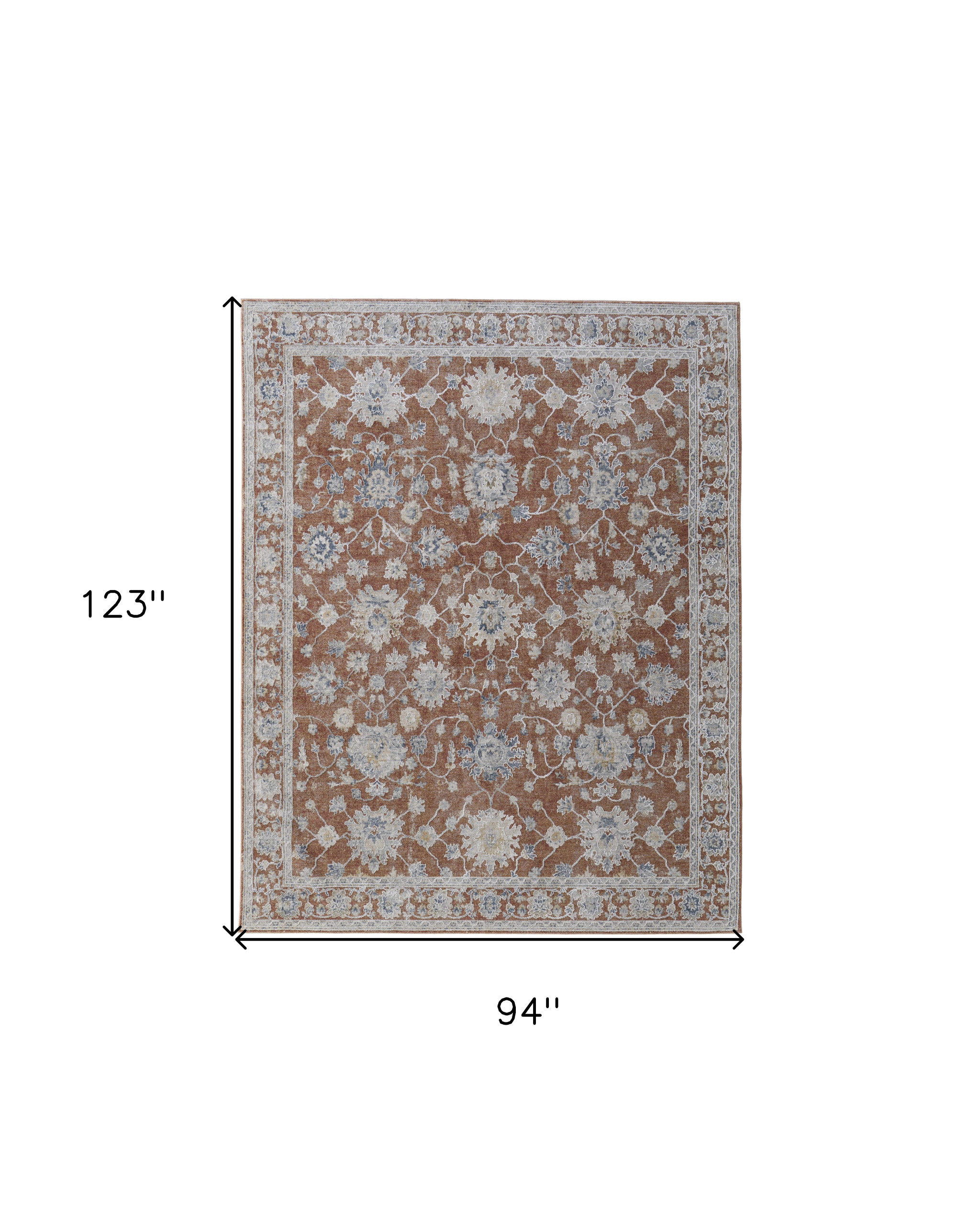 8" X 10" Red Blue and Ivory Floral Power Loom Worn Faded Area Rug With Fringe