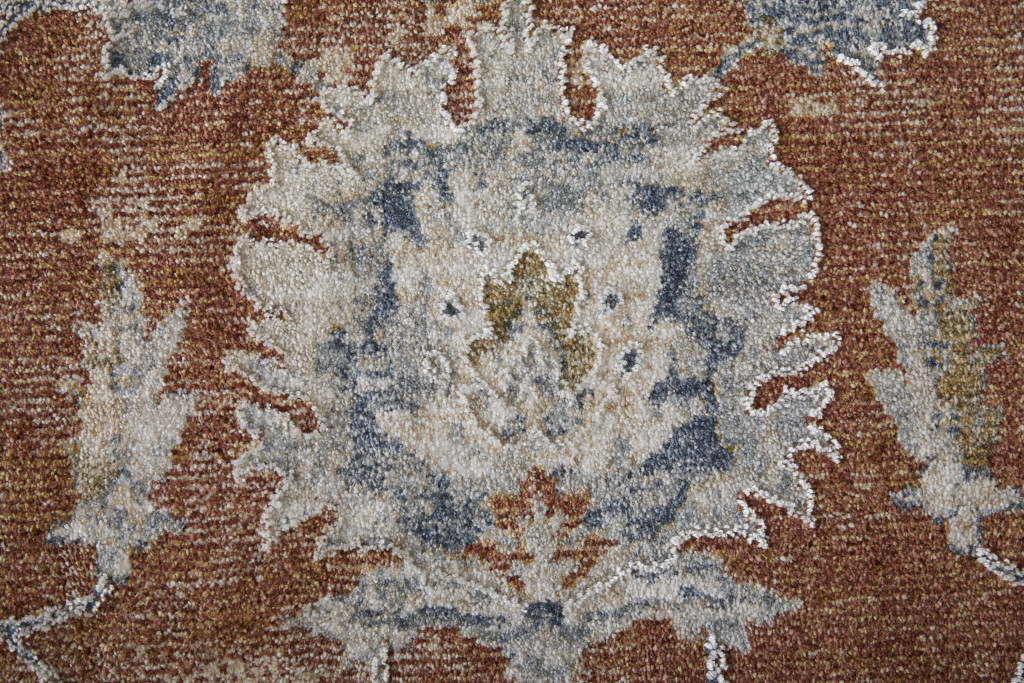 2" X 3" Red Blue and Ivory Floral Power Loom Worn Faded Area Rug With Fringe