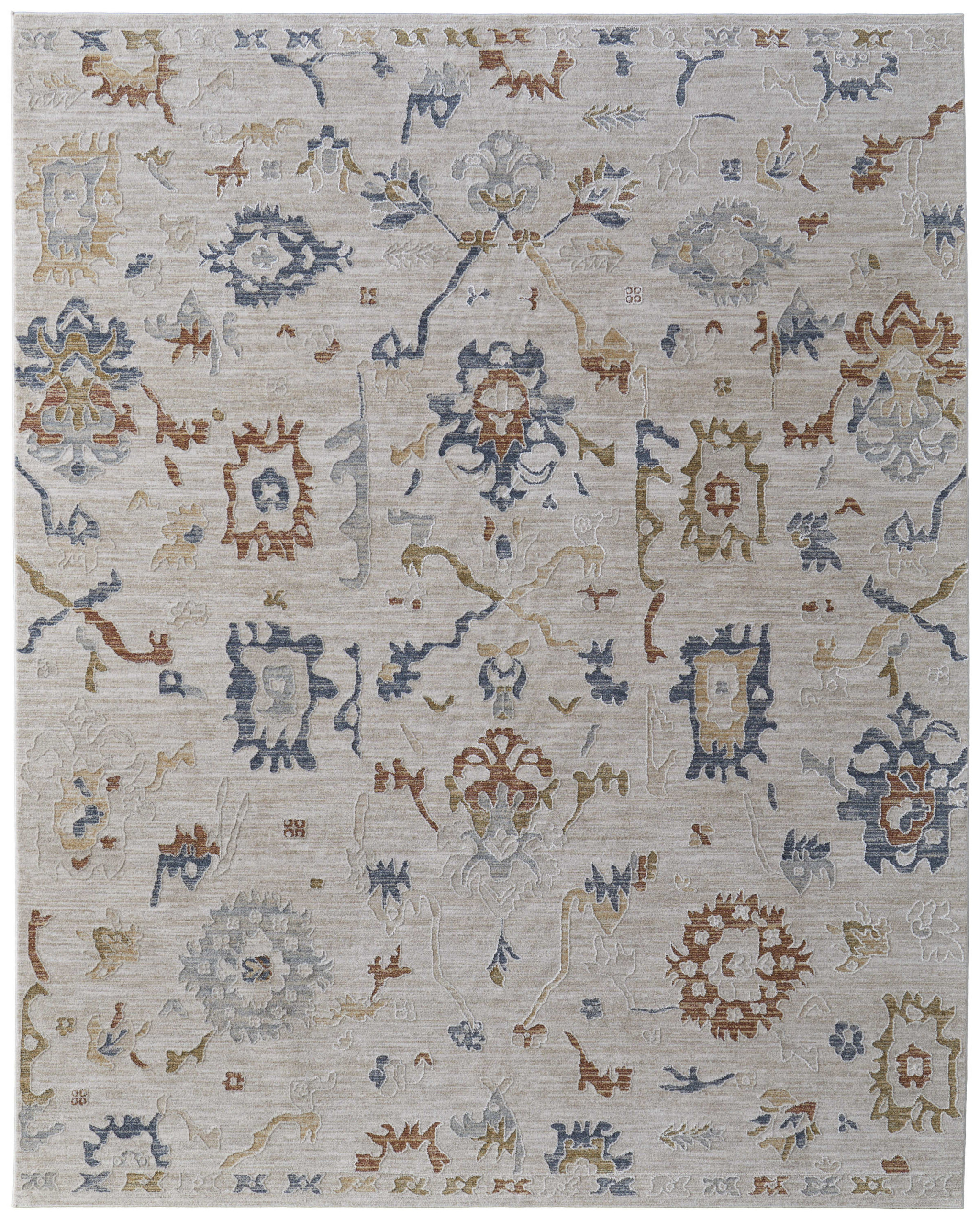 5" X 8" Ivory Blue and Gold Floral Power Loom Worn Faded Area Rug With Fringe