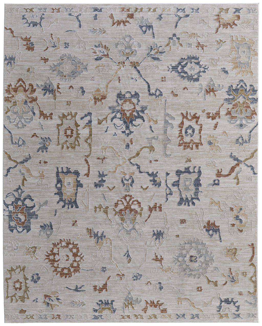 5" X 8" Ivory Blue and Gold Floral Power Loom Worn Faded Area Rug With Fringe