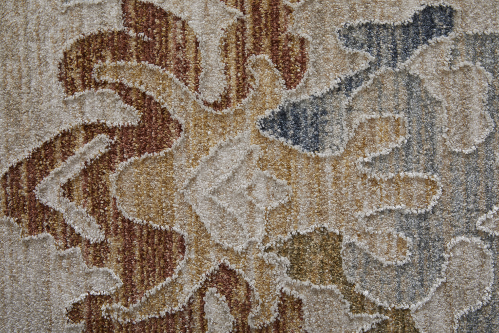 5" X 8" Ivory Blue and Gold Floral Power Loom Worn Faded Area Rug With Fringe