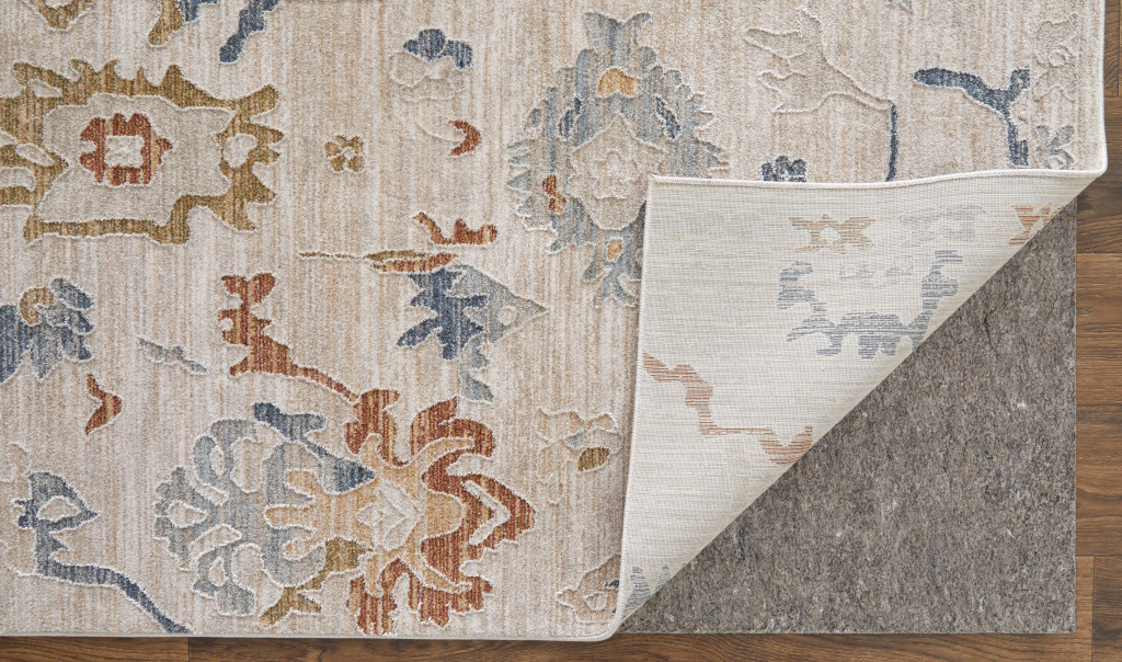 5" X 8" Ivory Blue and Gold Floral Power Loom Worn Faded Area Rug With Fringe
