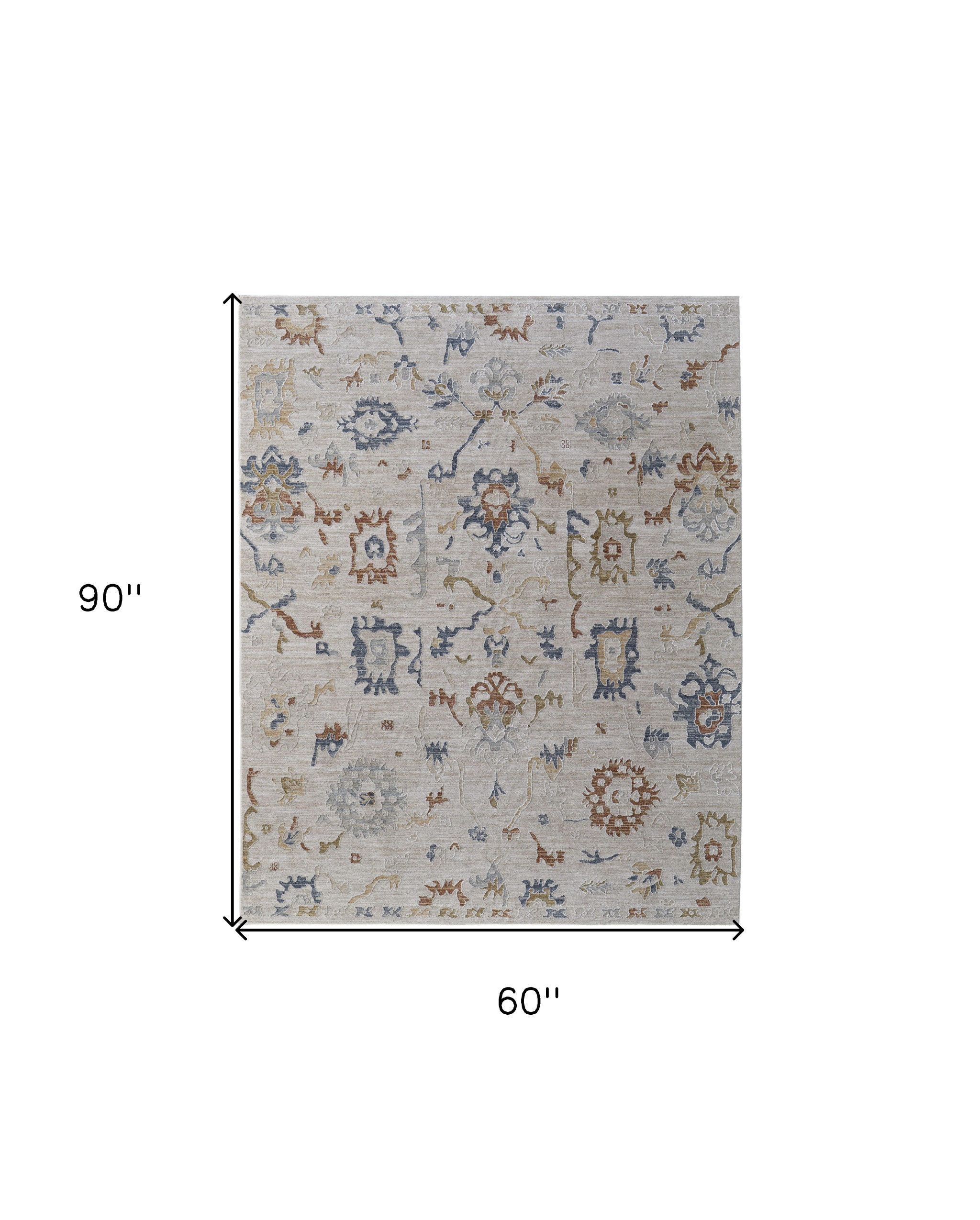 5" X 8" Ivory Blue and Gold Floral Power Loom Worn Faded Area Rug With Fringe