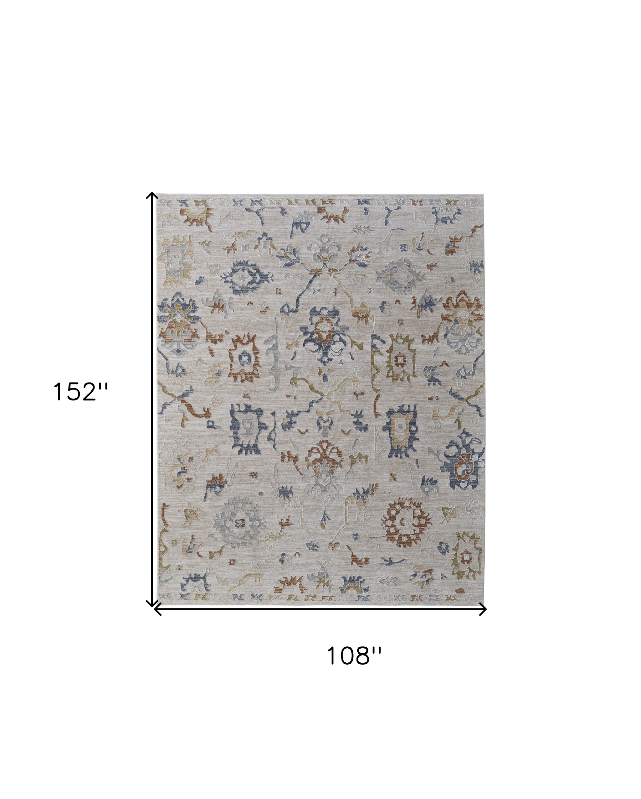 9" X 13" Ivory Blue and Gold Floral Power Loom Worn Faded Area Rug With Fringe
