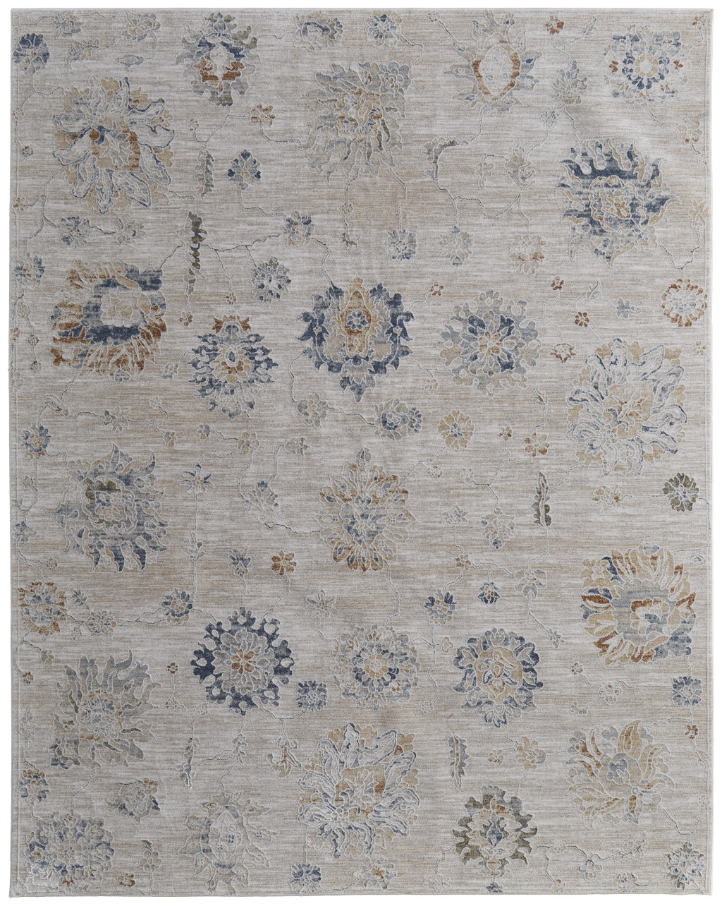 7" X 10" Ivory Taupe and Blue Floral Power Loom Worn Faded Area Rug With Fringe