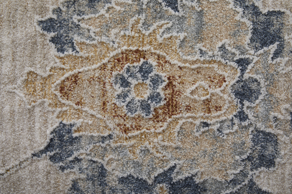 7" X 10" Ivory Taupe and Blue Floral Power Loom Worn Faded Area Rug With Fringe