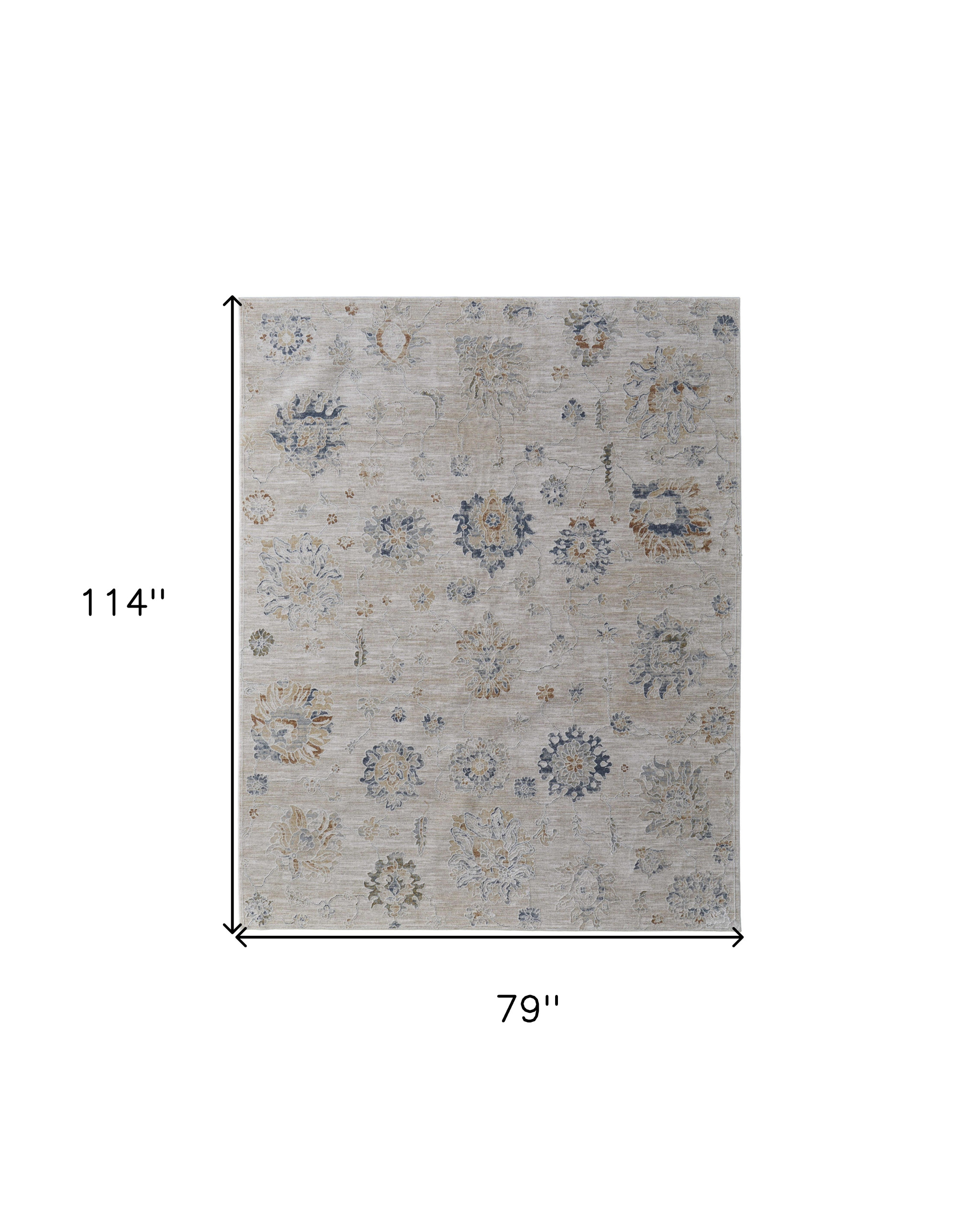 7" X 10" Ivory Taupe and Blue Floral Power Loom Worn Faded Area Rug With Fringe