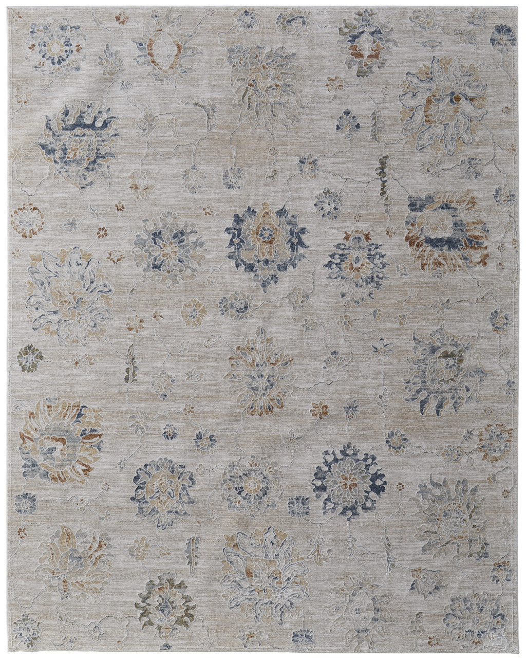8" X 10" Ivory Taupe and Blue Floral Power Loom Worn Faded Area Rug With Fringe
