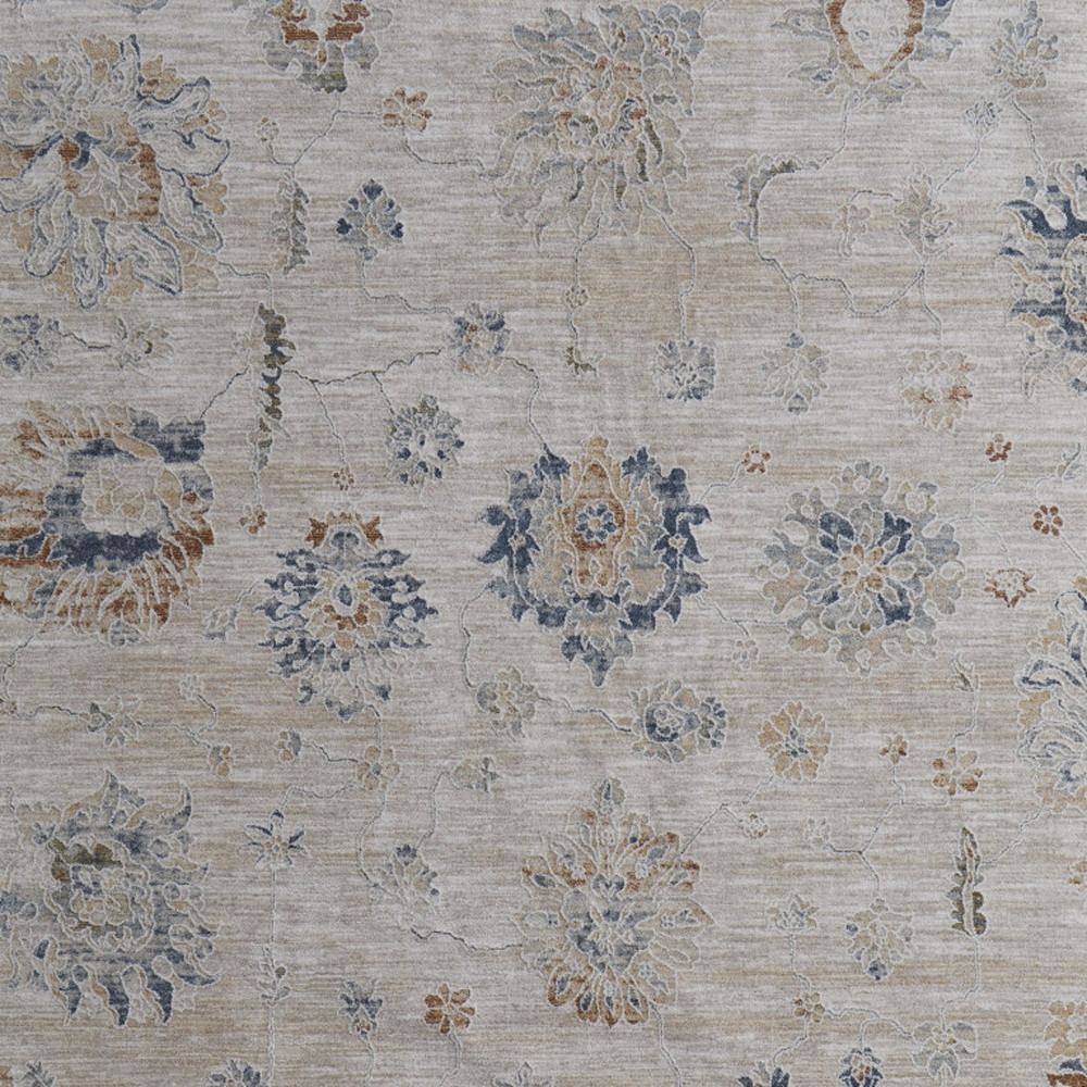 8" X 10" Ivory Taupe and Blue Floral Power Loom Worn Faded Area Rug With Fringe