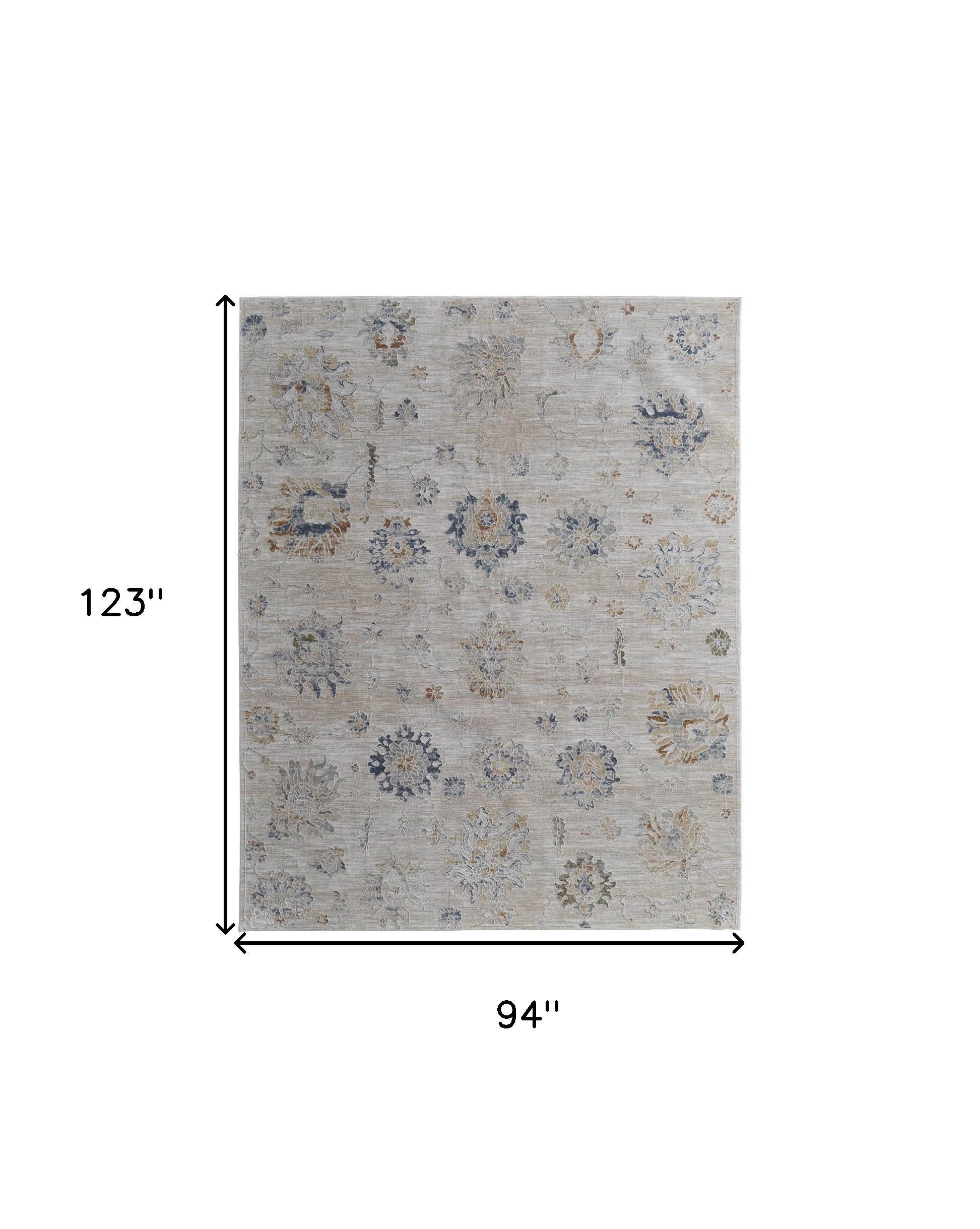 8" X 10" Ivory Taupe and Blue Floral Power Loom Worn Faded Area Rug With Fringe