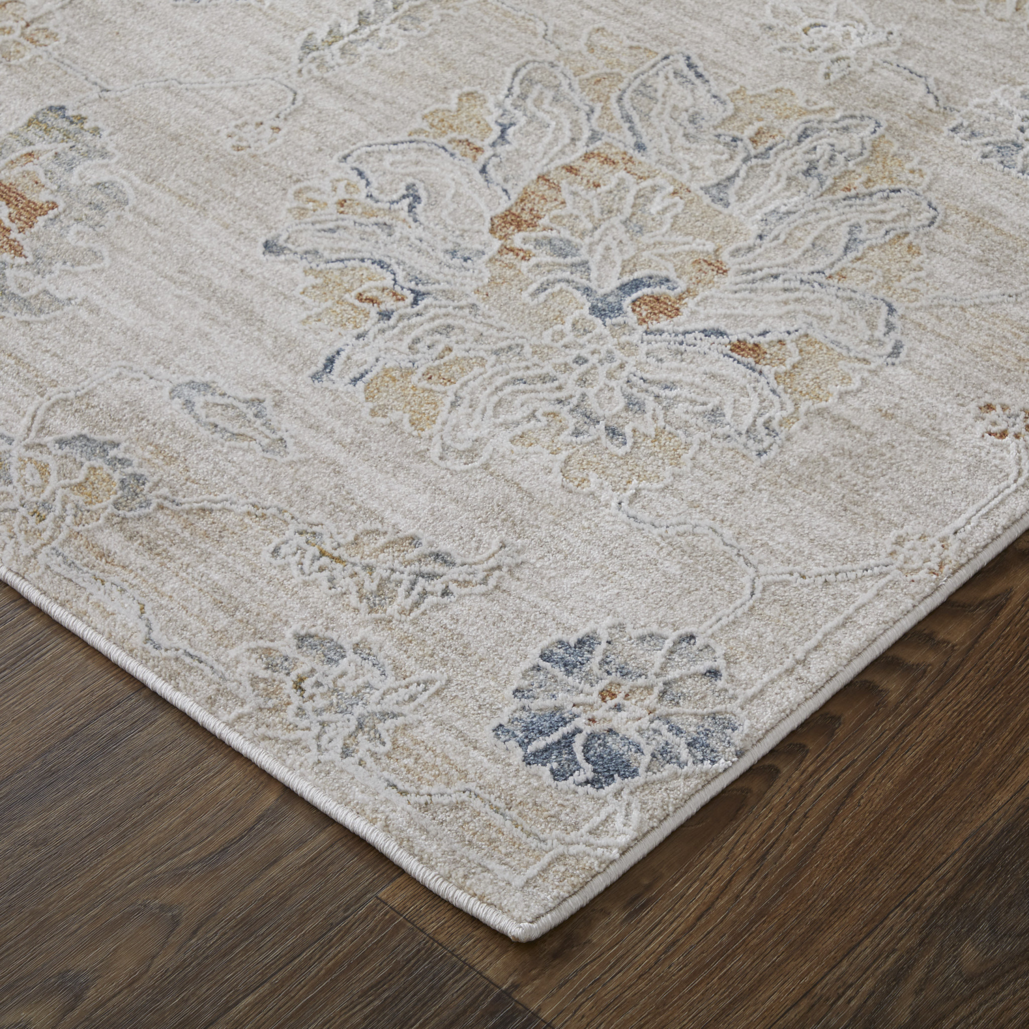 2" X 3" Ivory Taupe and Blue Floral Power Loom Worn Faded Area Rug With Fringe