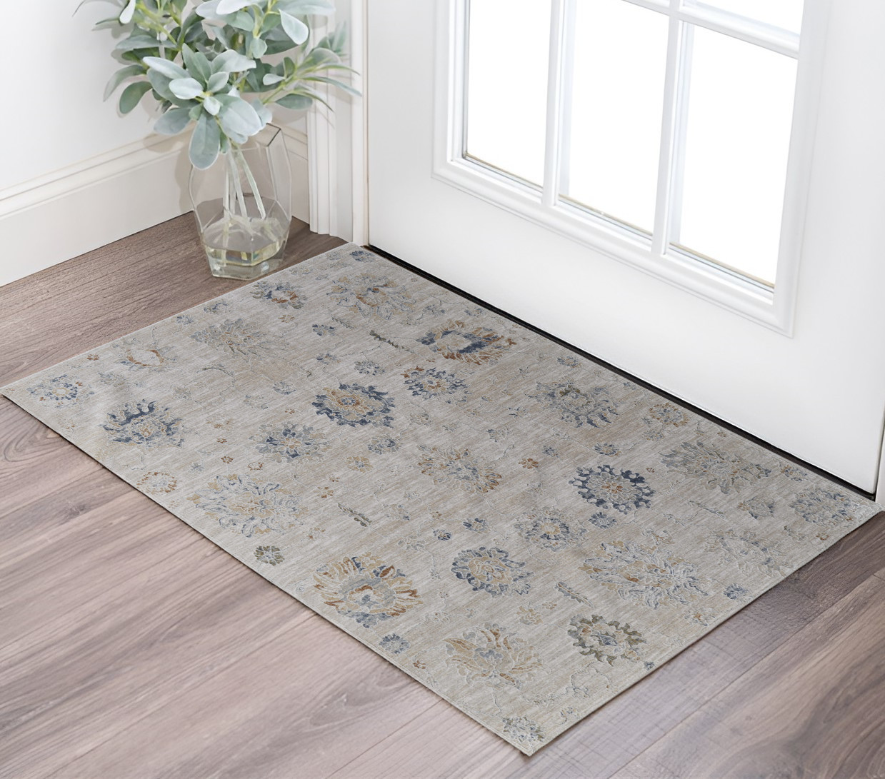 2" X 3" Ivory Taupe and Blue Floral Power Loom Worn Faded Area Rug With Fringe