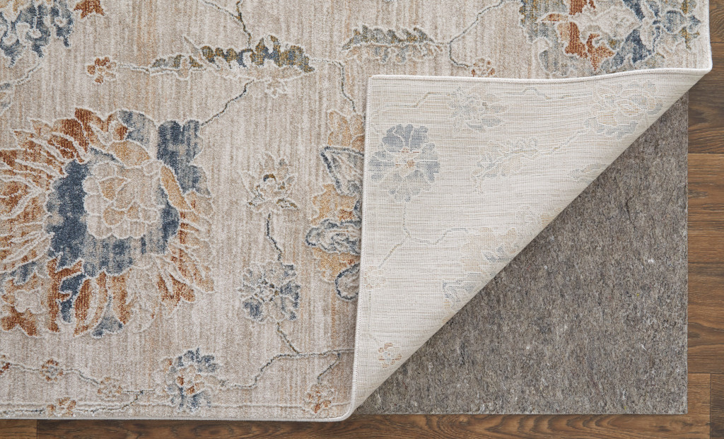 2" X 3" Ivory Taupe and Blue Floral Power Loom Worn Faded Area Rug With Fringe