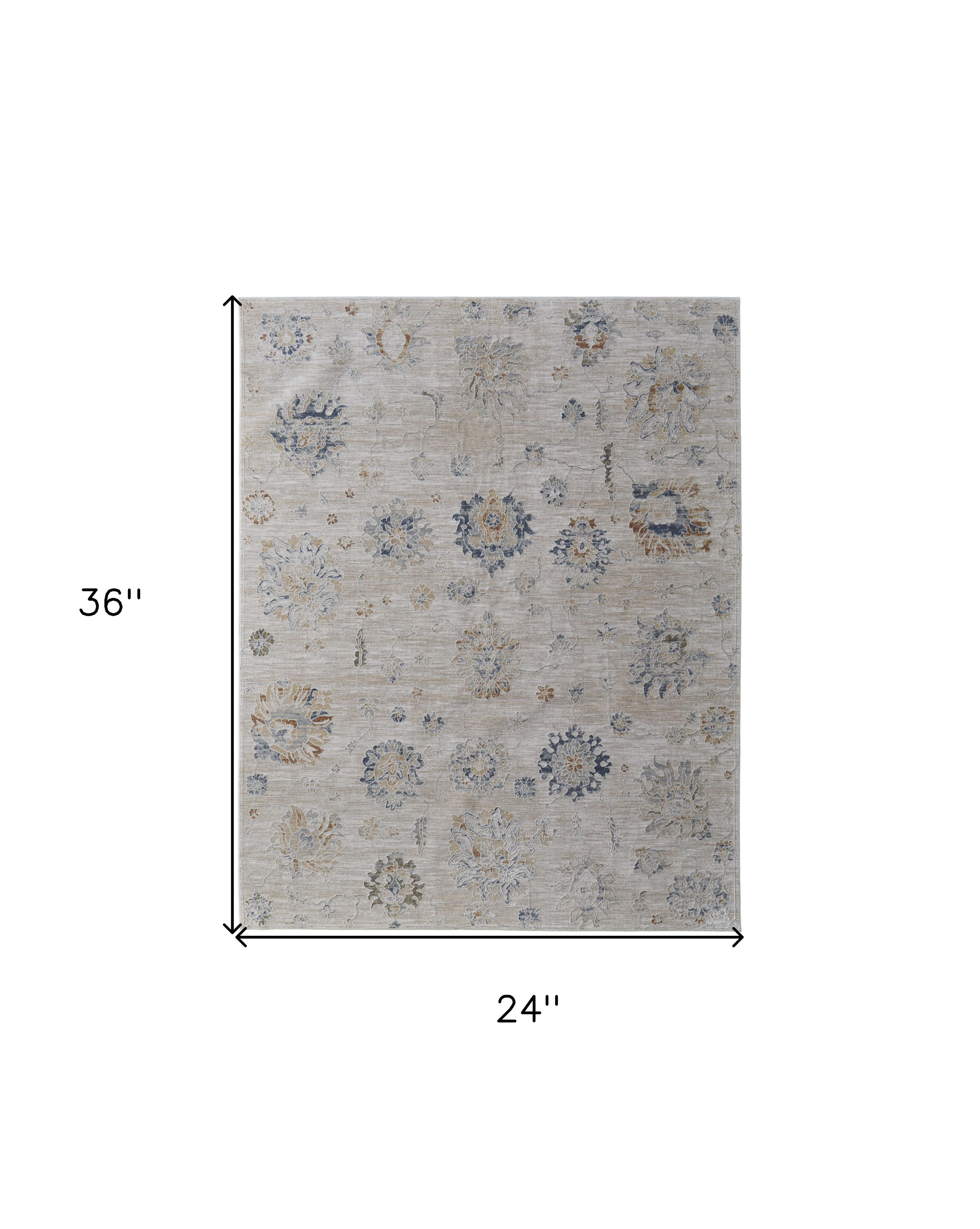 2" X 3" Ivory Taupe and Blue Floral Power Loom Worn Faded Area Rug With Fringe