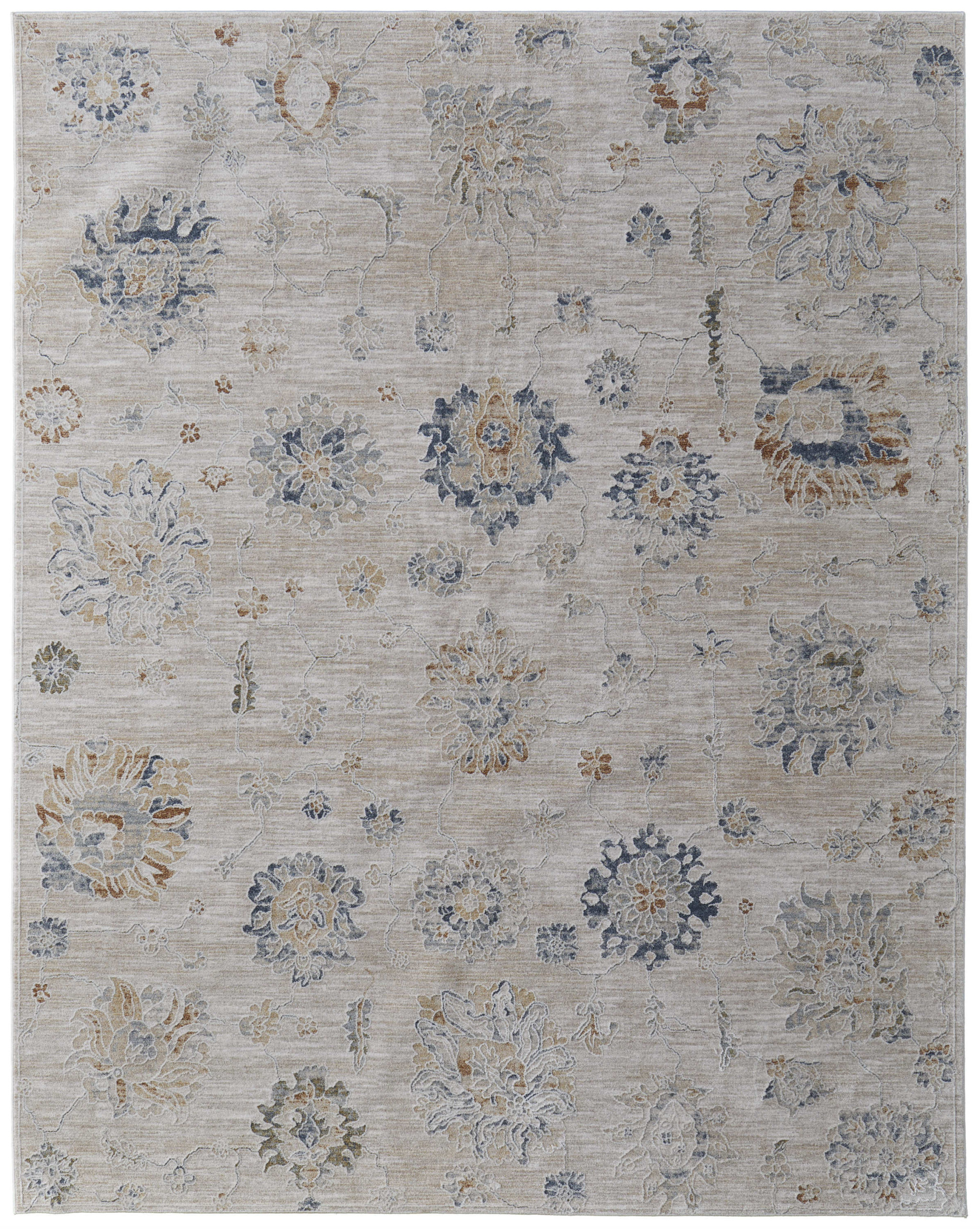 2" X 3" Ivory Taupe and Blue Floral Power Loom Worn Faded Area Rug With Fringe
