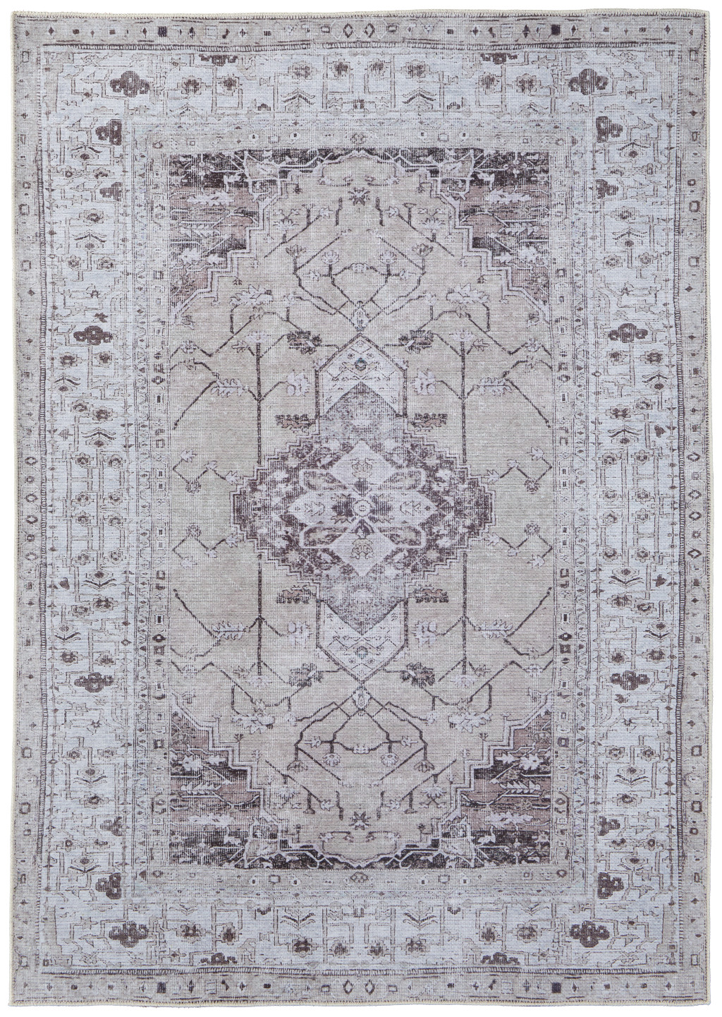 4" X 6" Gray Tan and Ivory Oriental Power Loom Worn Faded Washable Area Rug