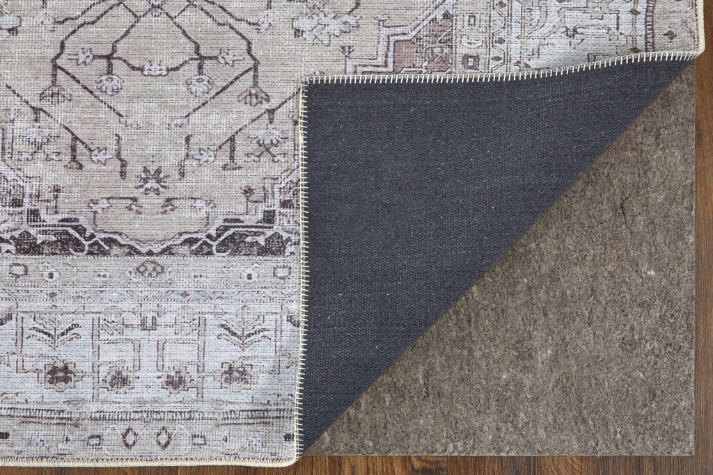 4" X 6" Gray Tan and Ivory Oriental Power Loom Worn Faded Washable Area Rug