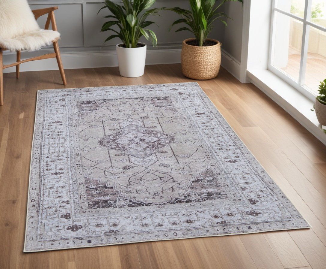 4" X 6" Gray Tan and Ivory Oriental Power Loom Worn Faded Washable Area Rug