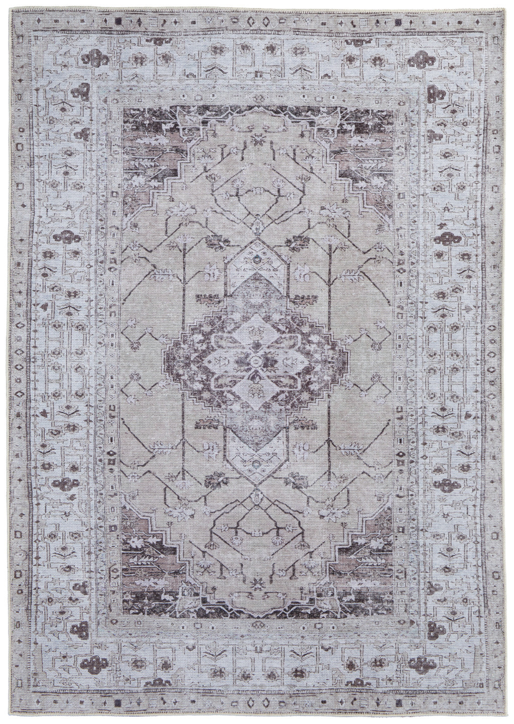 4" X 6" Gray Tan and Ivory Oriental Power Loom Worn Faded Washable Area Rug