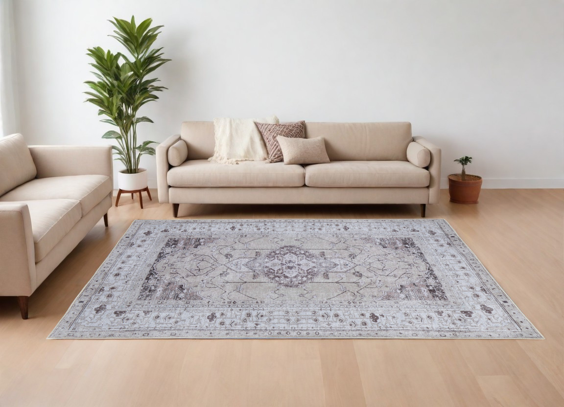 8" X 10" Gray Tan and Ivory Oriental Power Loom Worn Faded Washable Area Rug