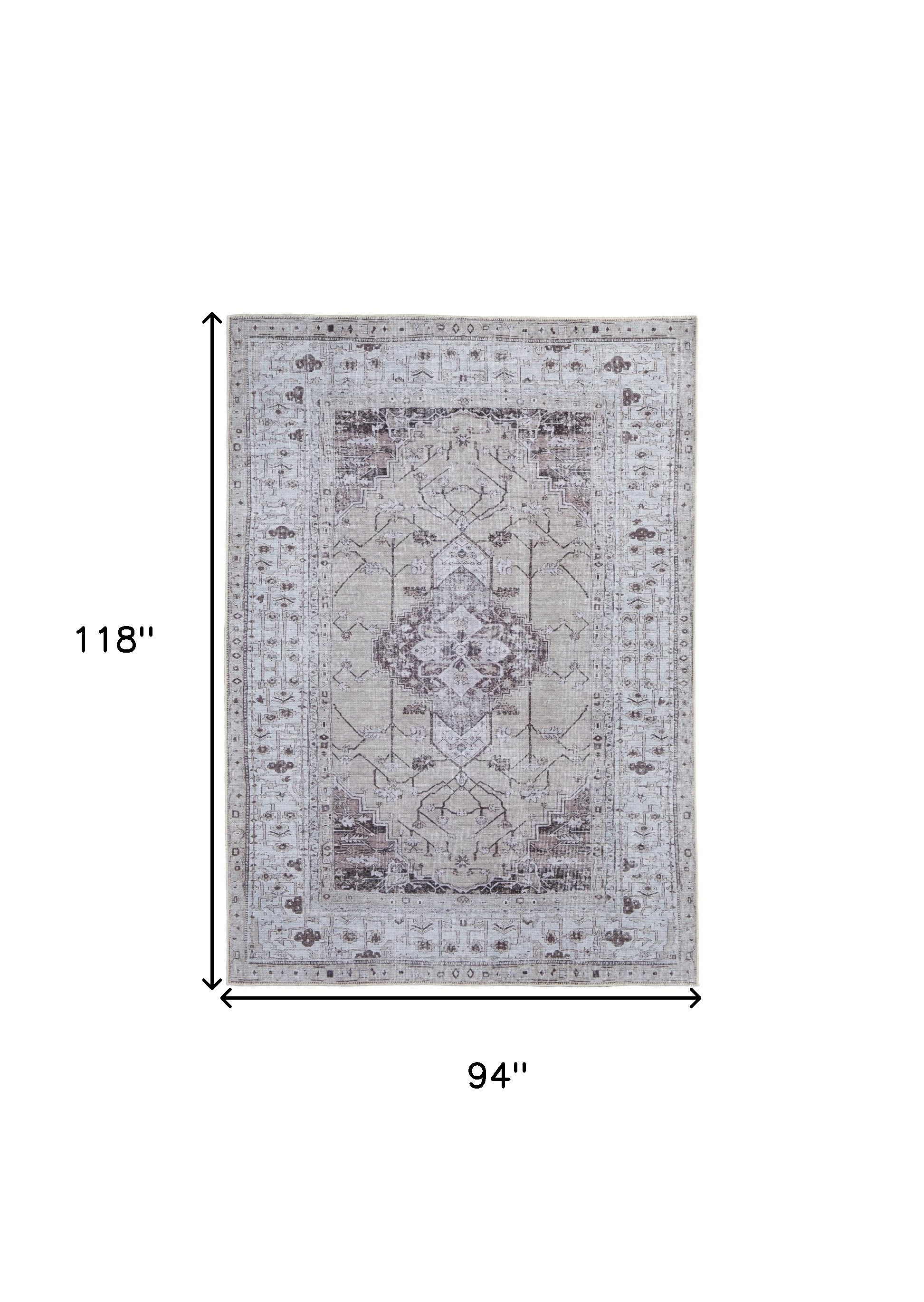 8" X 10" Gray Tan and Ivory Oriental Power Loom Worn Faded Washable Area Rug
