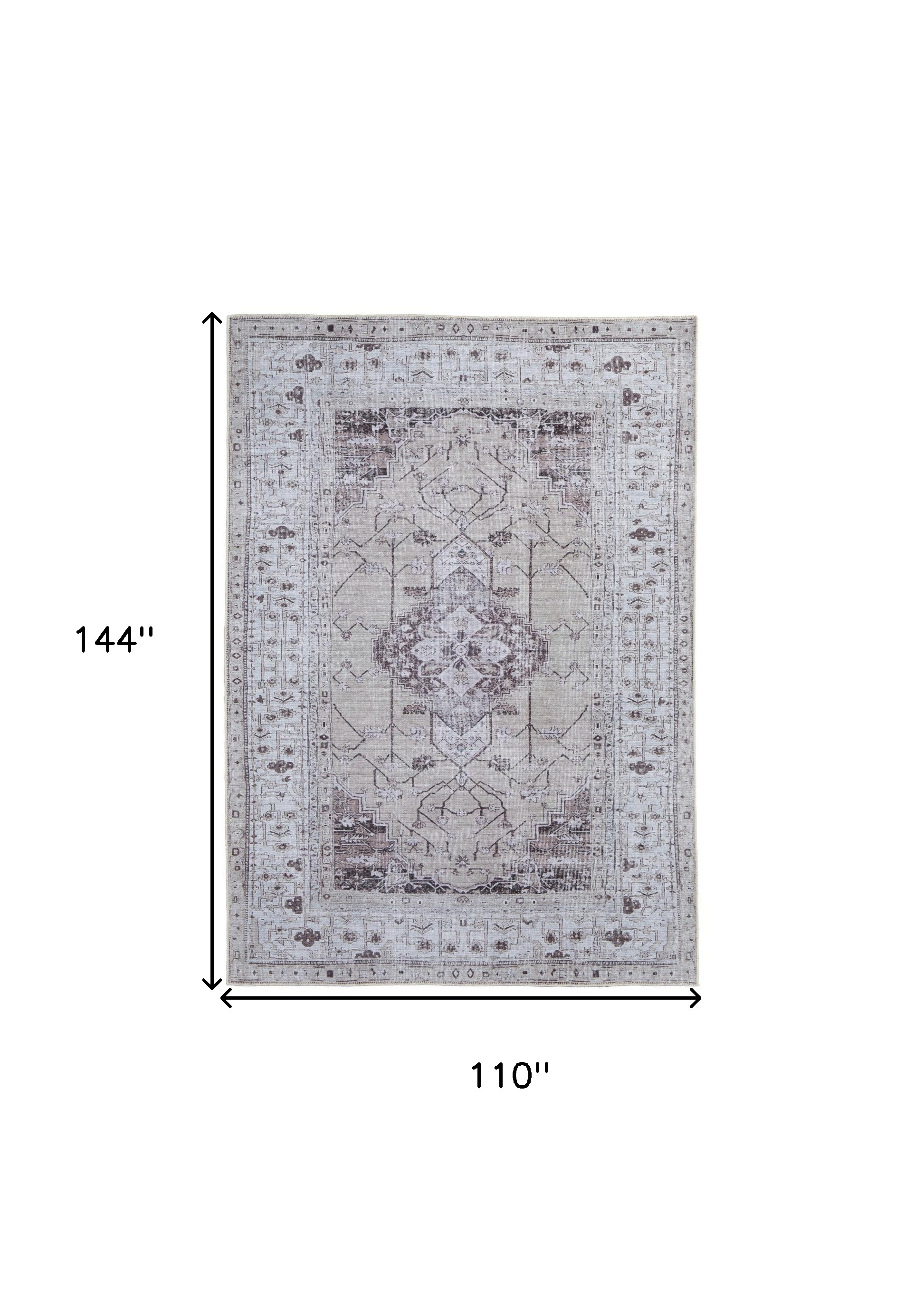 9" X 12" Gray Tan and Ivory Oriental Power Loom Worn Faded Washable Area Rug