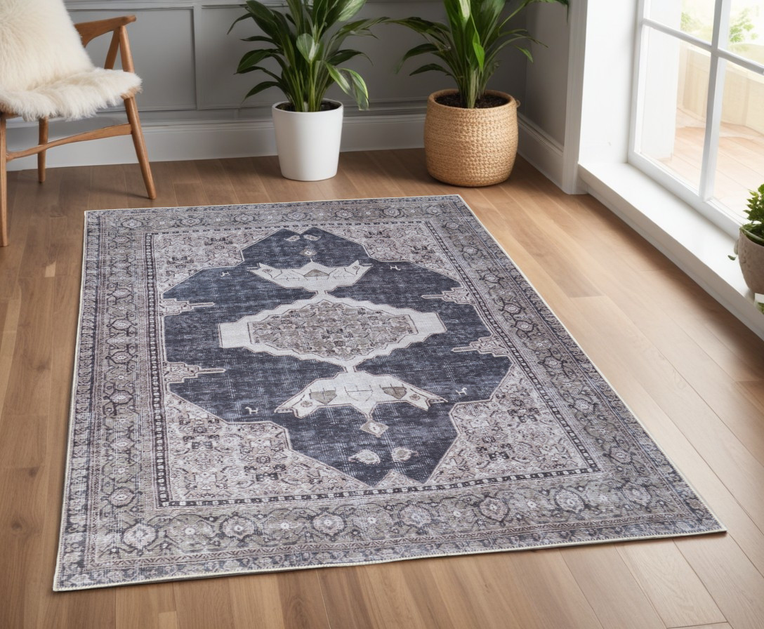 4" X 6" Gray Taupe and Ivory Oriental Power Loom Washable Area Rug