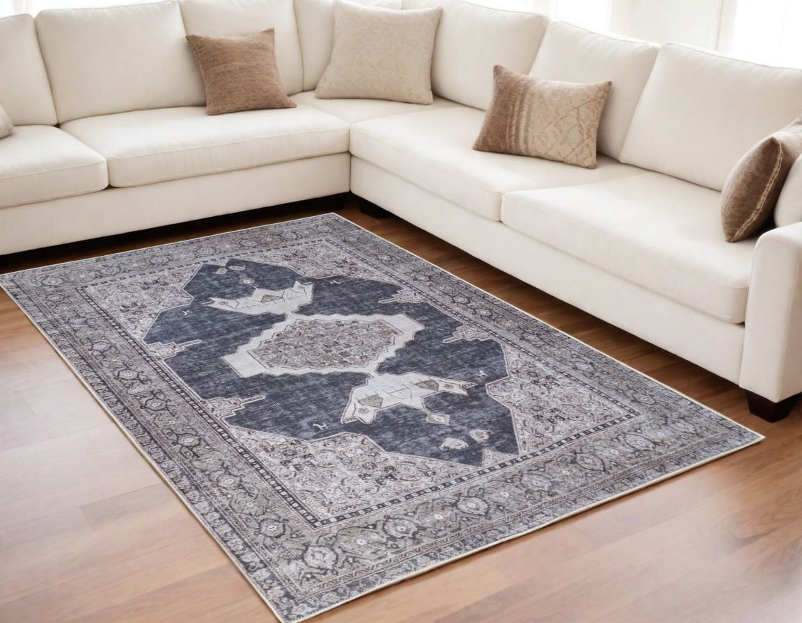 5" X 8" Gray Taupe and Ivory Oriental Power Loom Washable Area Rug