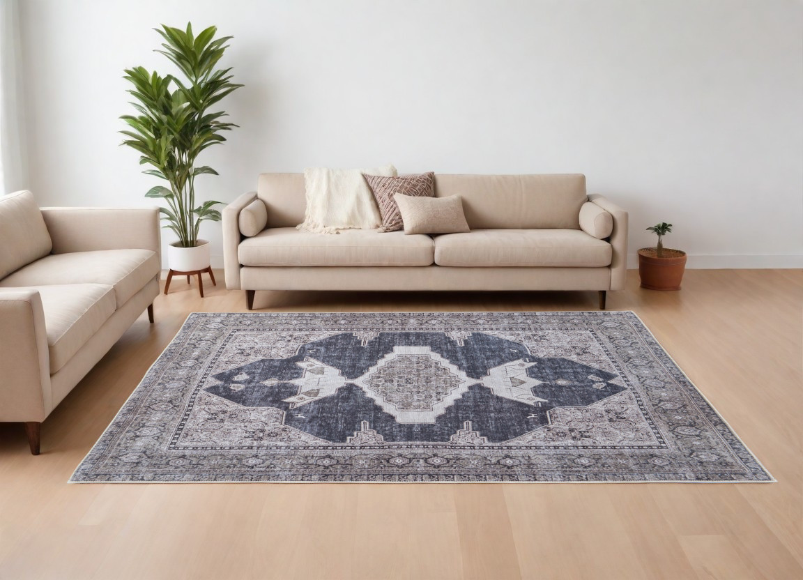 9" X 12" Gray Taupe and Ivory Oriental Power Loom Washable Area Rug