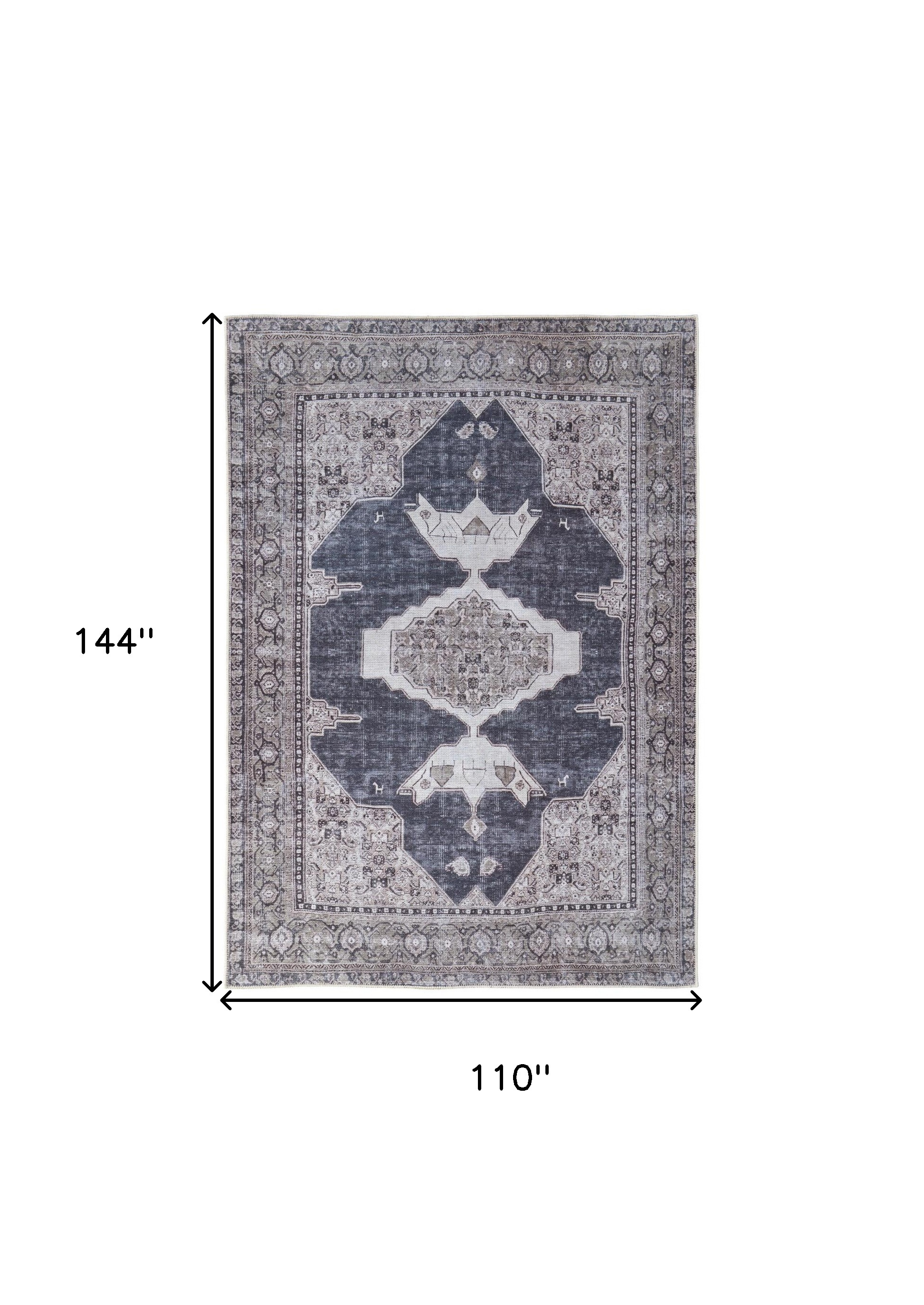 9" X 12" Gray Taupe and Ivory Oriental Power Loom Washable Area Rug