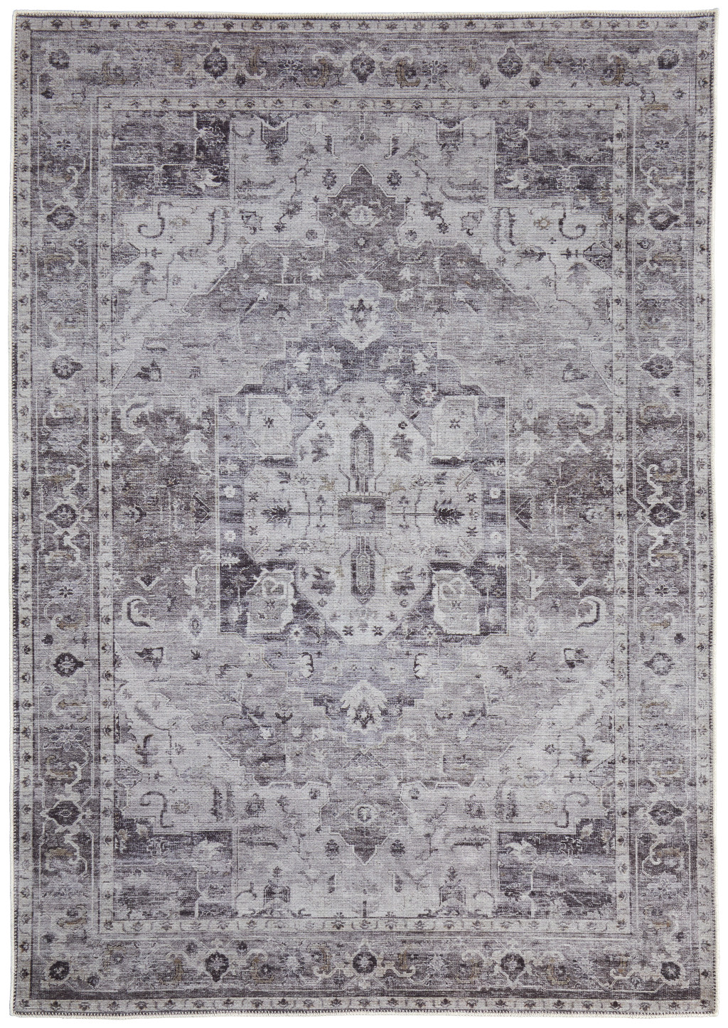 4" X 6" Gray and Ivory Oriental Power Loom Worn Faded Washable Area Rug