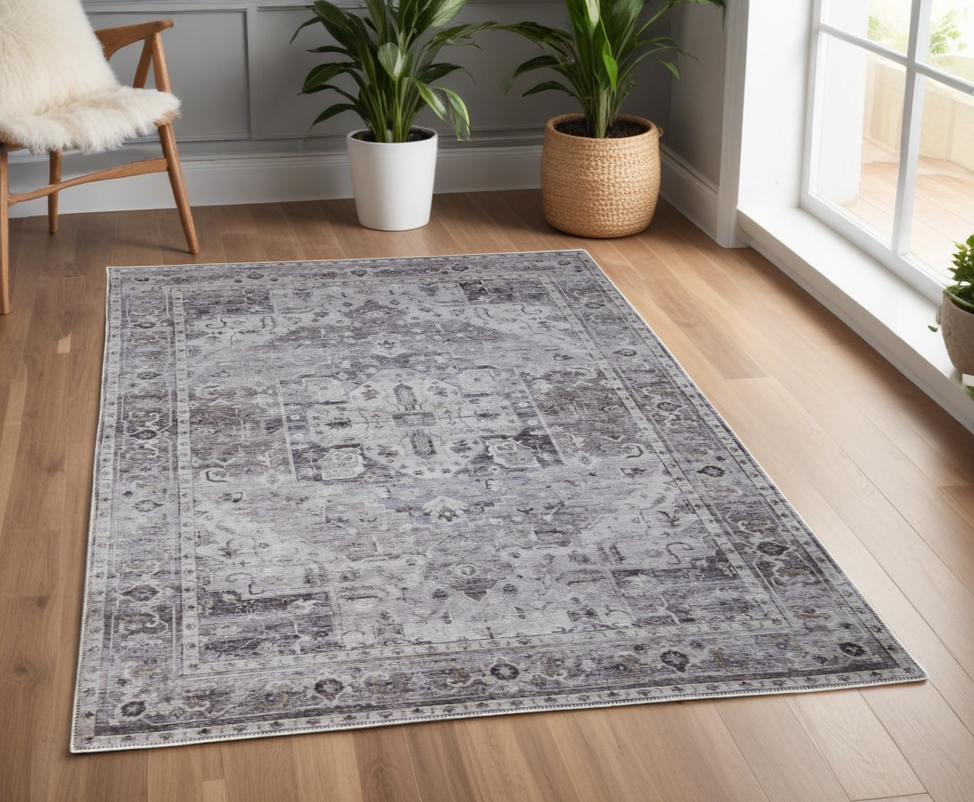 4" X 6" Gray and Ivory Oriental Power Loom Worn Faded Washable Area Rug