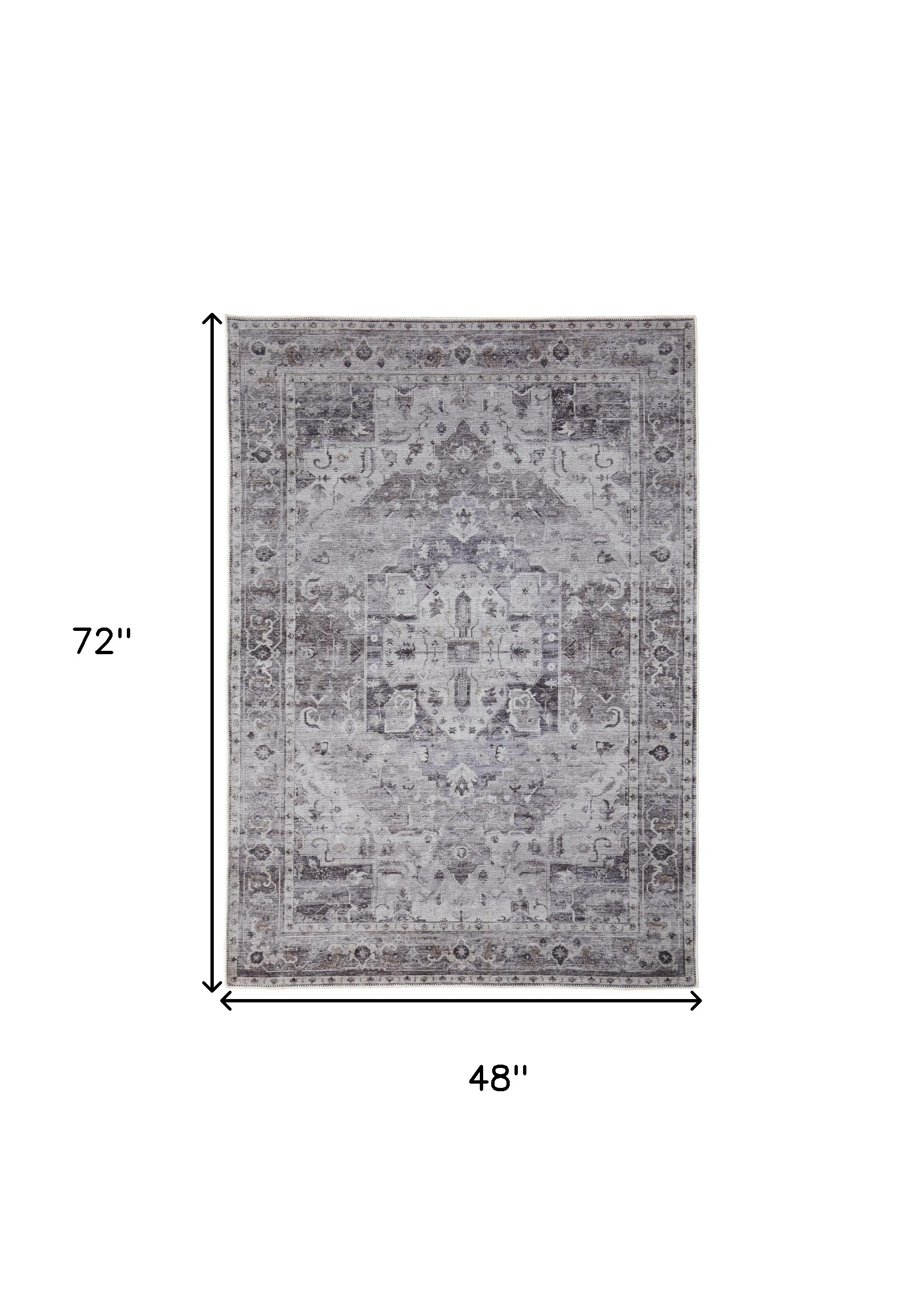 4" X 6" Gray and Ivory Oriental Power Loom Worn Faded Washable Area Rug