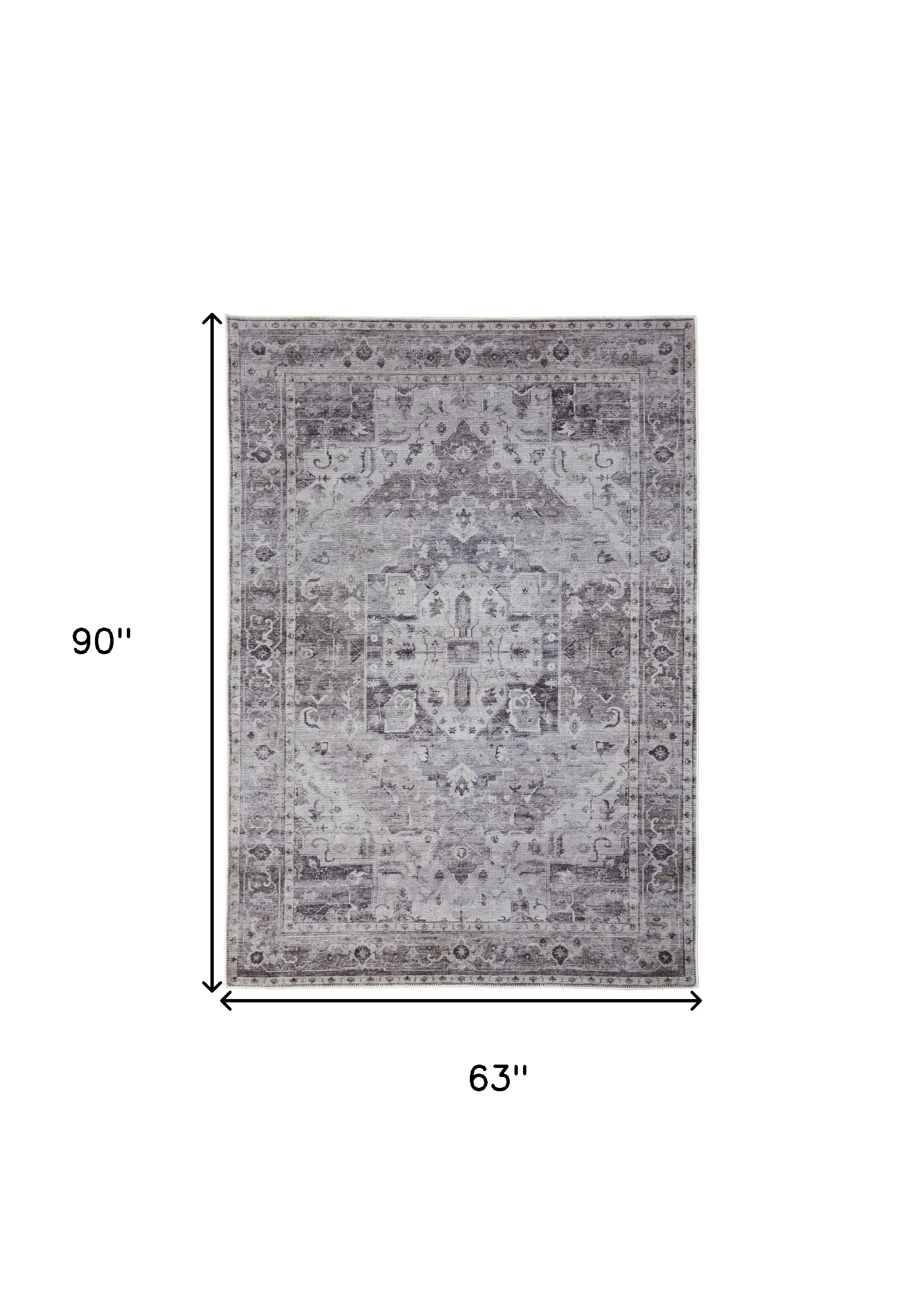 5" X 8" Gray and Ivory Oriental Power Loom Worn Faded Washable Area Rug