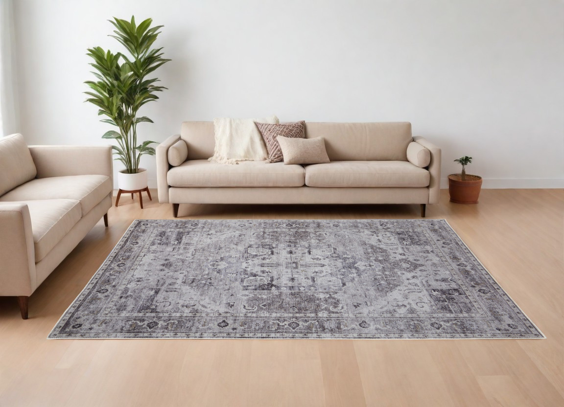 8" X 10" Gray and Ivory Oriental Power Loom Worn Faded Washable Area Rug