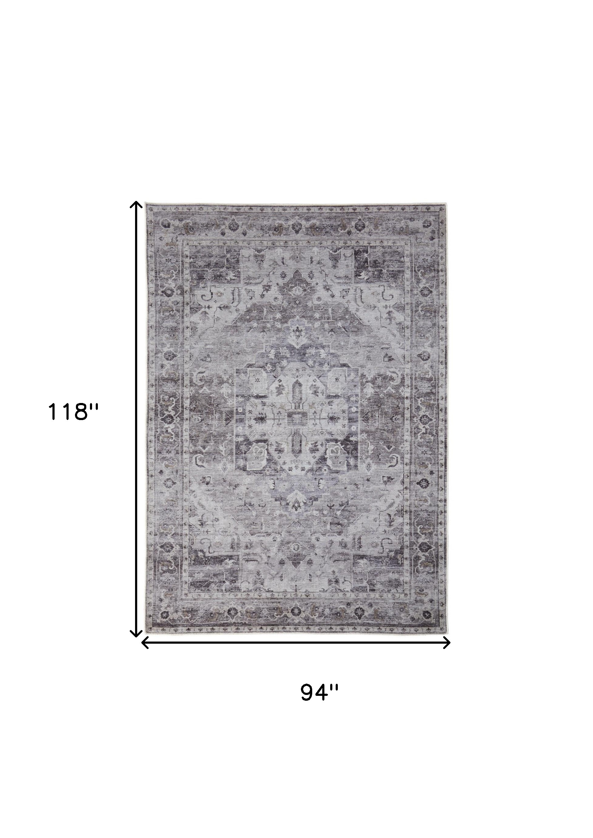 8" X 10" Gray and Ivory Oriental Power Loom Worn Faded Washable Area Rug