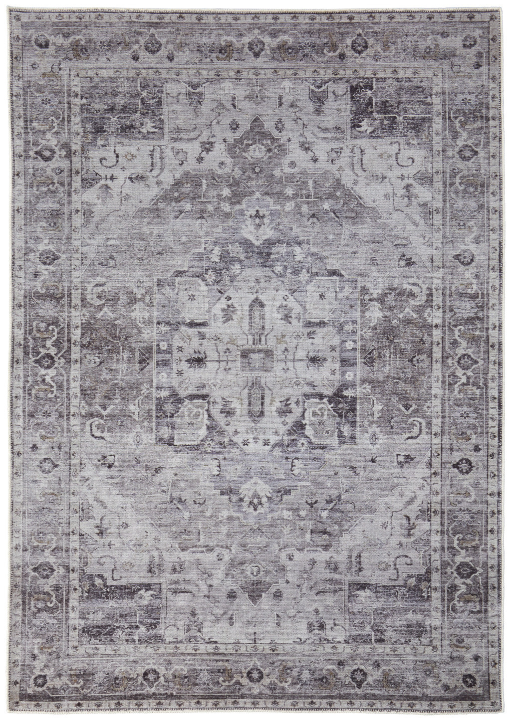 8" X 10" Gray and Ivory Oriental Power Loom Worn Faded Washable Area Rug