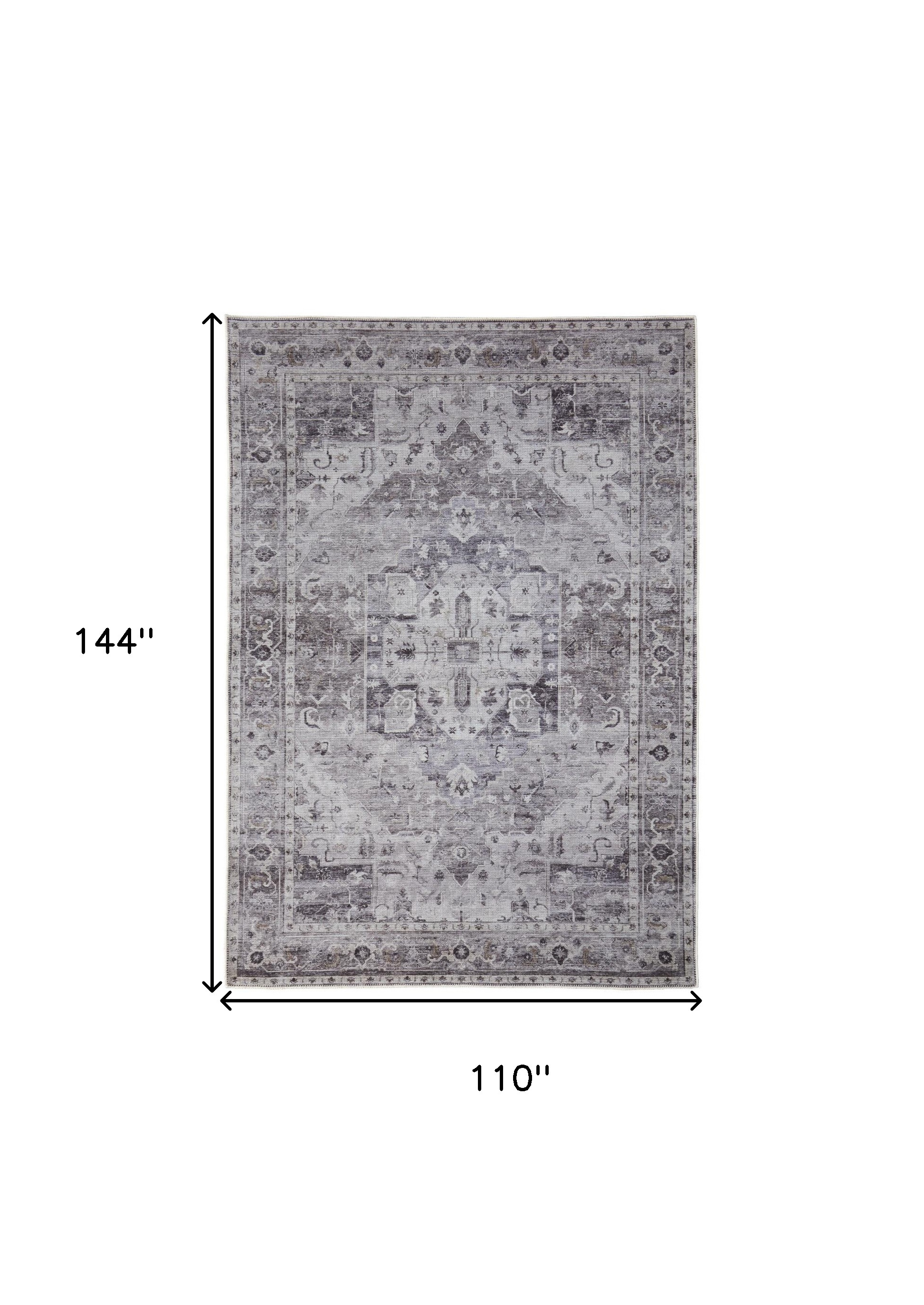 9" X 12" Gray and Ivory Oriental Power Loom Worn Faded Washable Area Rug