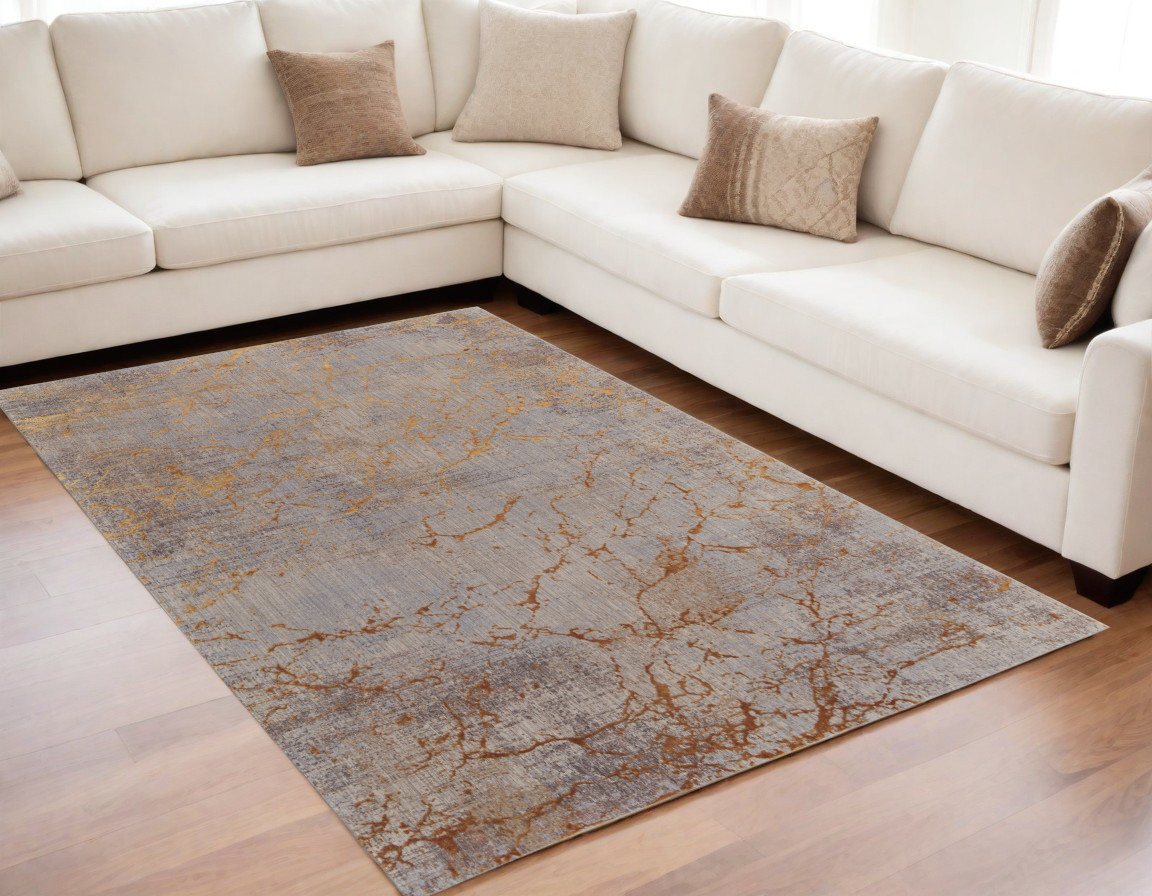5" X 8" Brown Gold and Gray Abstract Power Loom Area Rug