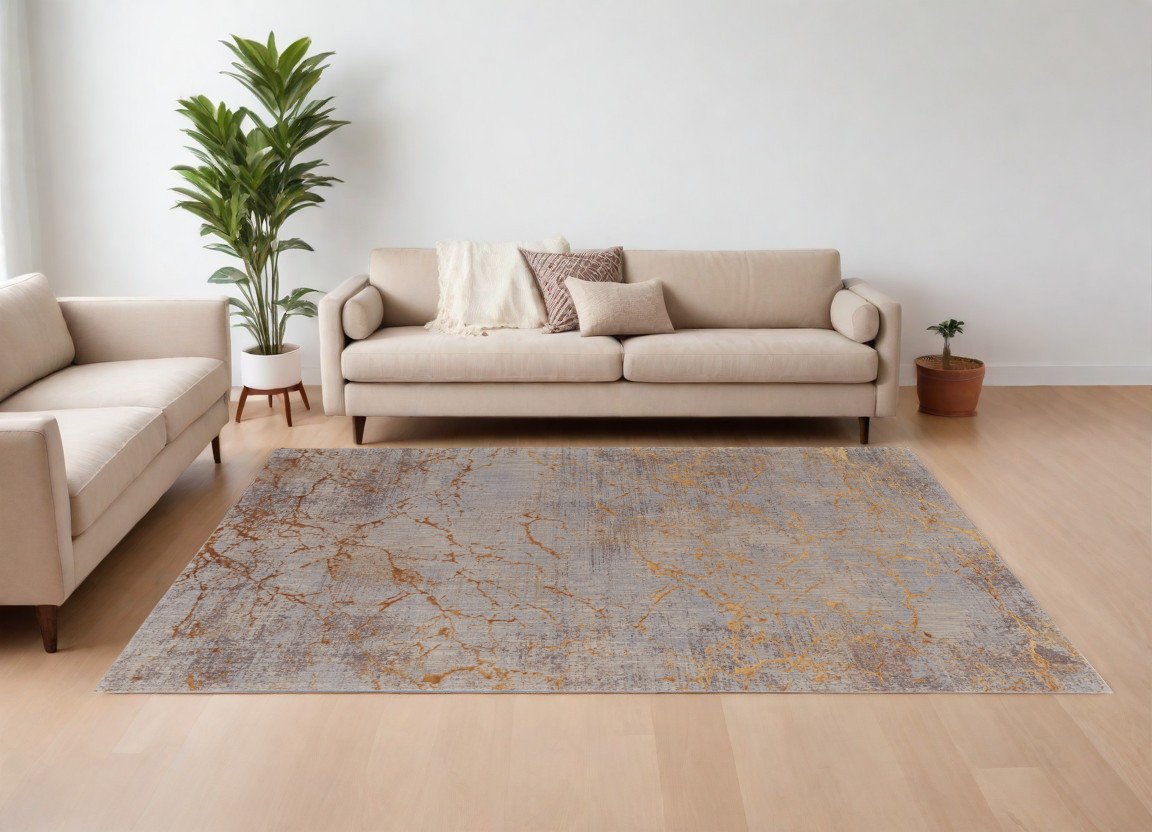 7" X 10" Brown Gold and Gray Abstract Power Loom Area Rug