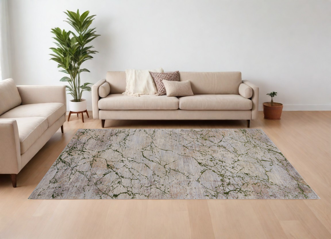 7" X 10" Taupe Green and Tan Abstract Power Loom Area Rug