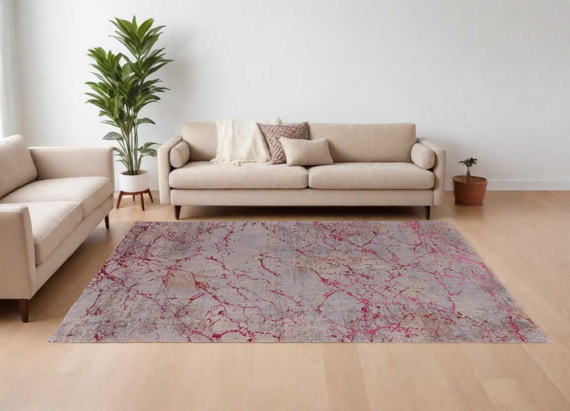 10" X 13" Pink Taupe and Gray Abstract Power Loom Area Rug