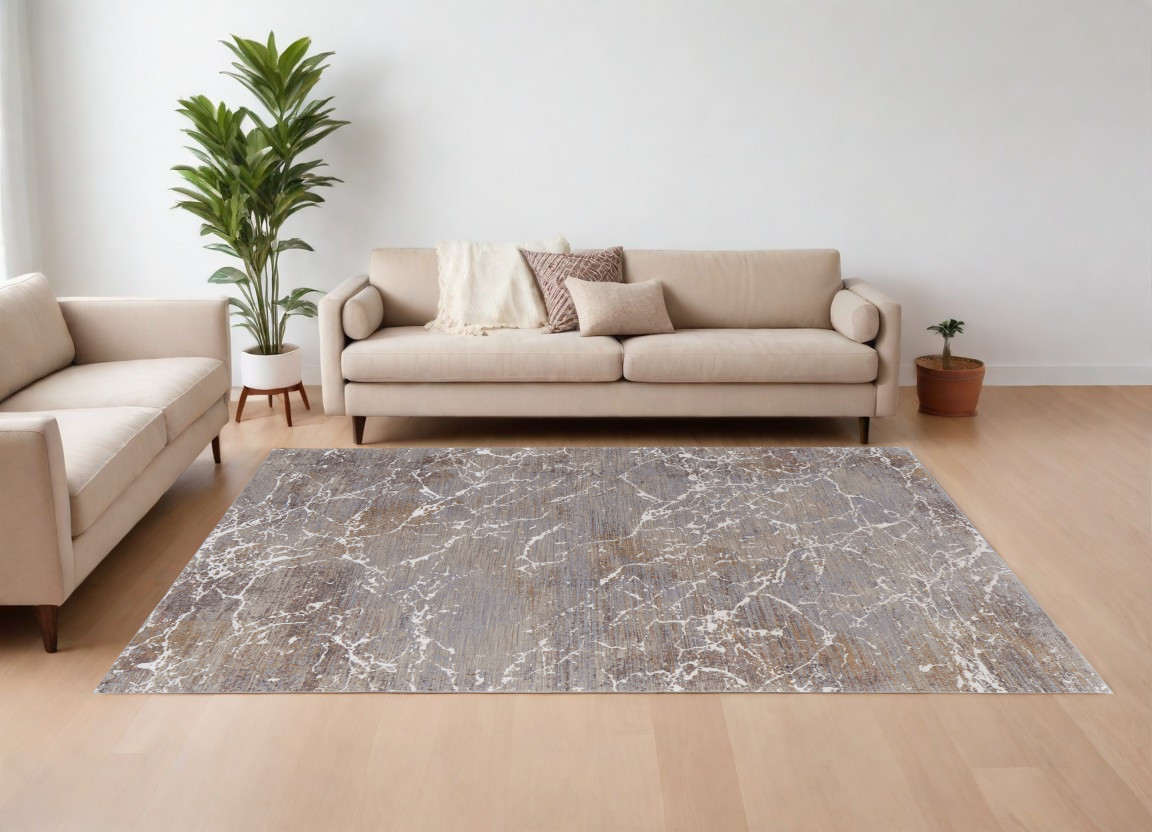 8" X 10" Ivory Brown and Taupe Abstract Power Loom Area Rug