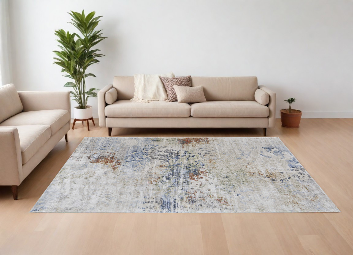 8" X 10" Red Blue and Ivory Abstract Power Loom Area Rug