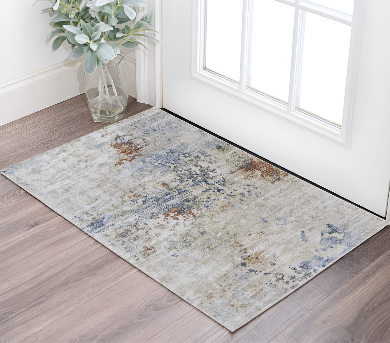 2" X 3" Red Blue and Ivory Abstract Power Loom Area Rug