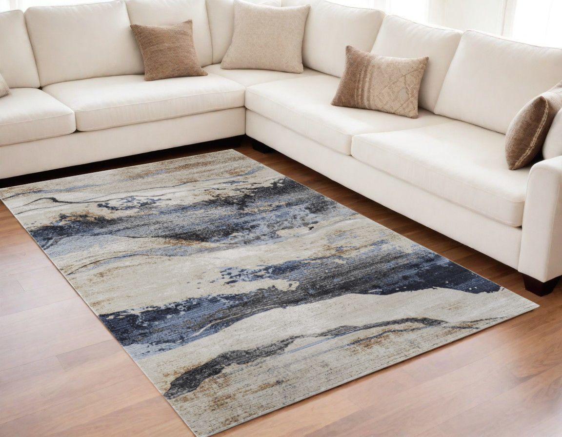5" X 8" Blue Gray and Tan Abstract Power Loom Area Rug